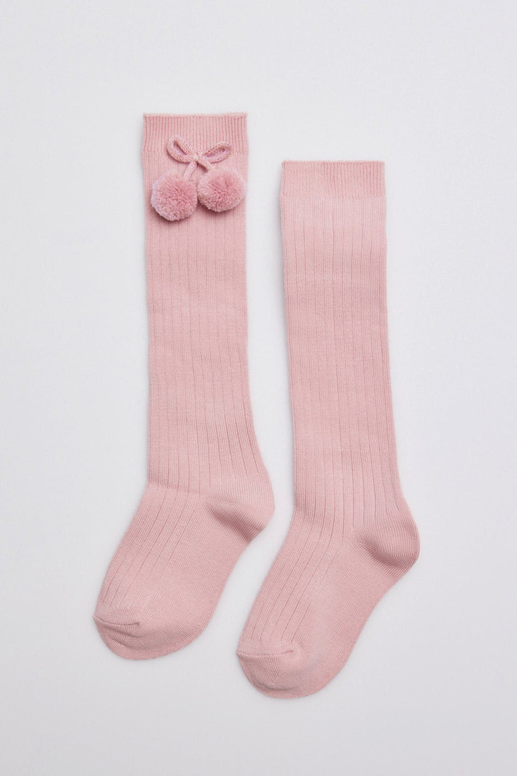 Calcetín infantil largo algodón detalle pompones rosa