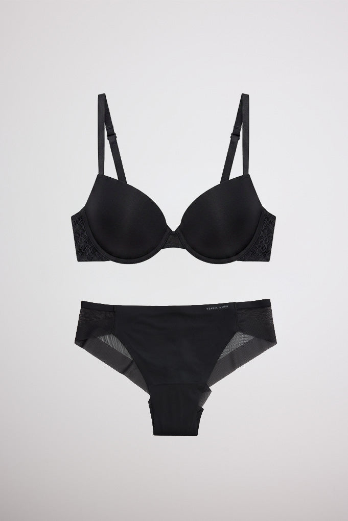 Conjunto lencero sujetador push-up y braga brasileña nomarks negros