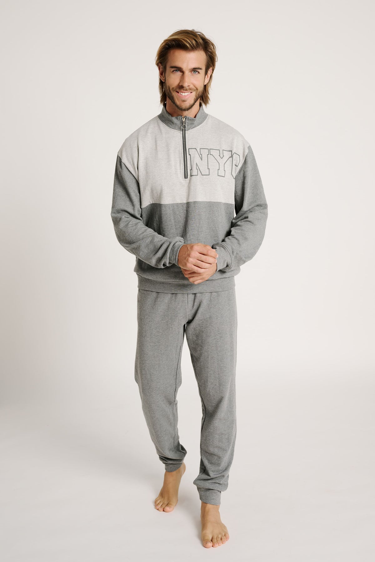Pijama Hombre Largo De Manga Larga - Conjunto Suave De Algodón Y Poliéster, Cuello En V, Ideal Para Otoño E Invierno