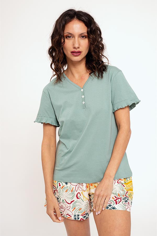 Pijama mujer corto con pantalón estampado | MUYDEMI