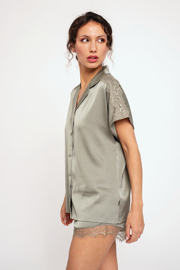 Pijama mujer camisero corto satén verde | MUYDEMI
