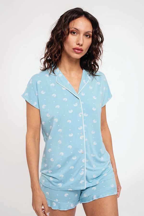 Pijama mujer corto abotonado estampado azul | MUYDEMI