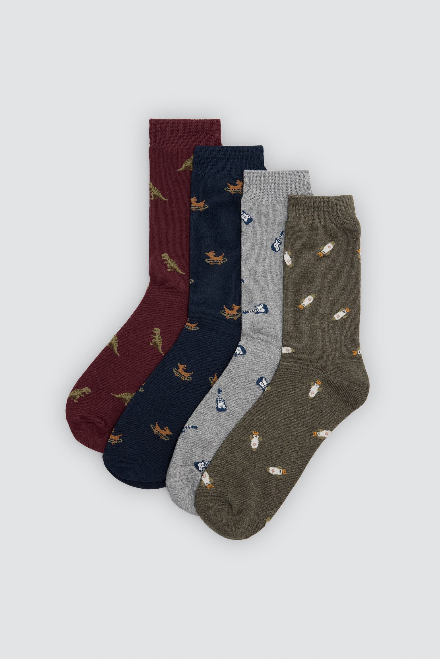 Pack 4 calcetines estampados animales, guitarras y cohetes