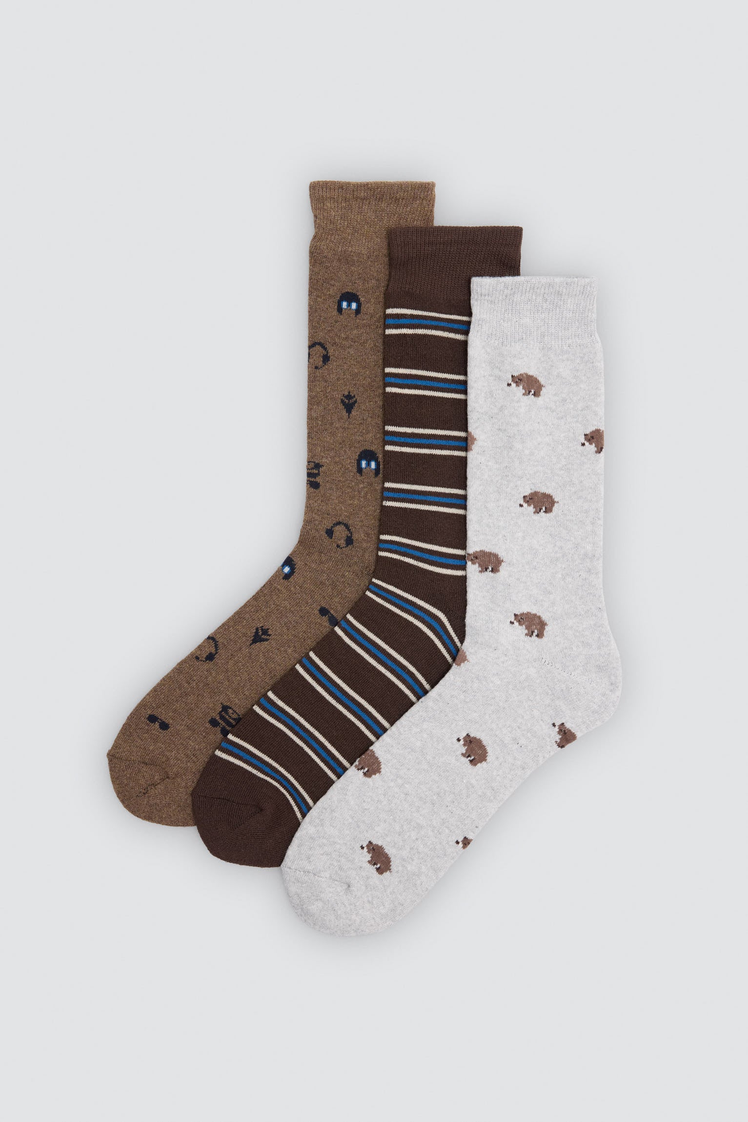 Pack 3 calcetines térmicos estampados variados osos, auriculares y rayas