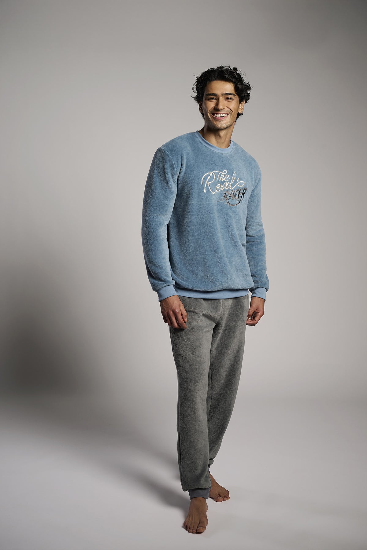 Pijama largo hombre polar coralina azul y gris The Real Racer