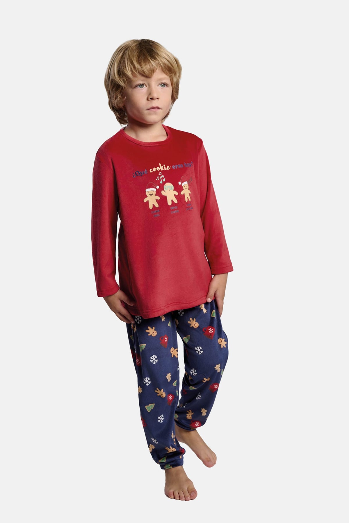 Pijama largo infantil unisex terciopelo navidad estampado galletas de jengibre