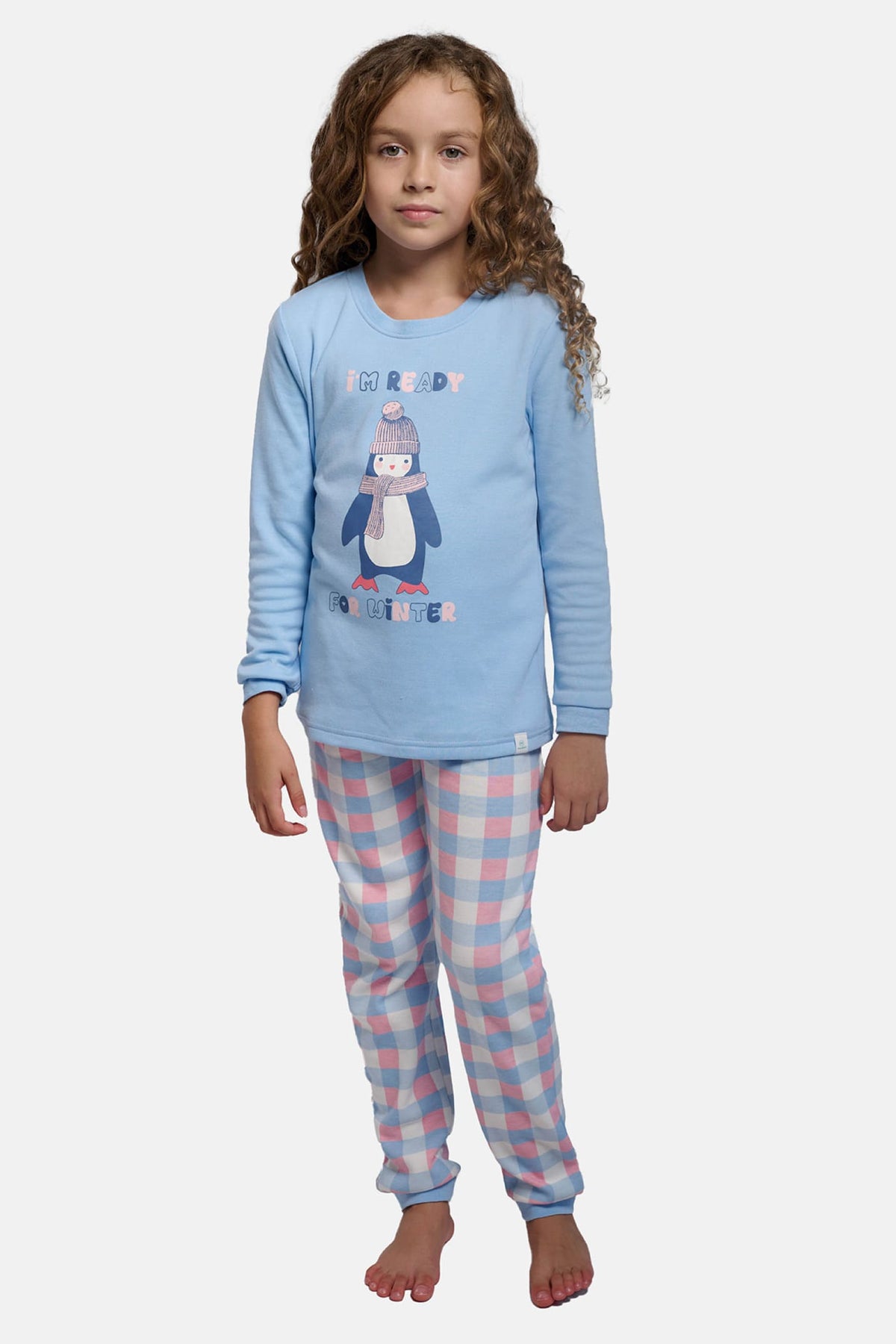 Pijama largo niña afelpado dibujo pingüino I'm ready for winter estampado cuadros