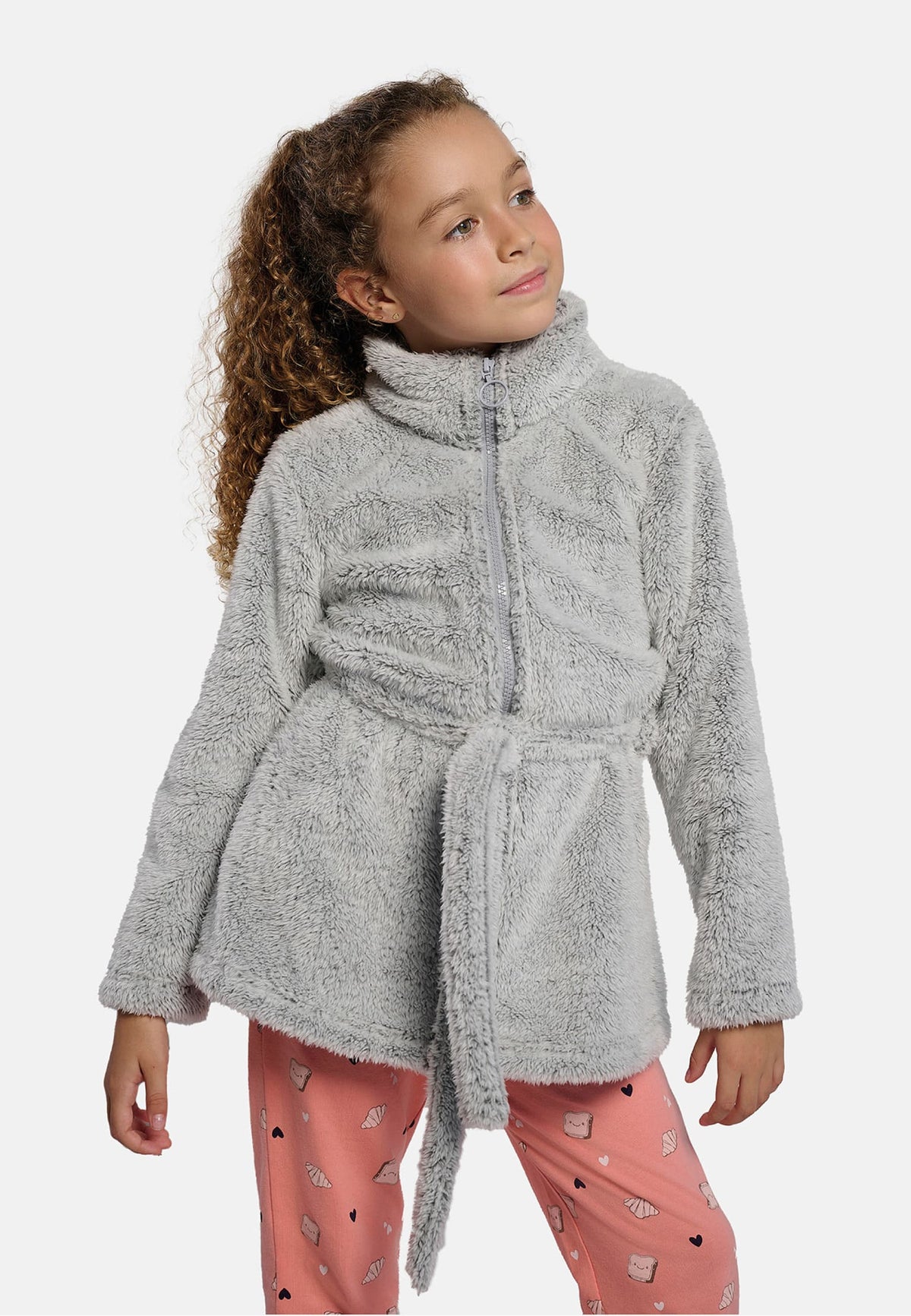 Bata infantil polar coralina niña cinturón gris