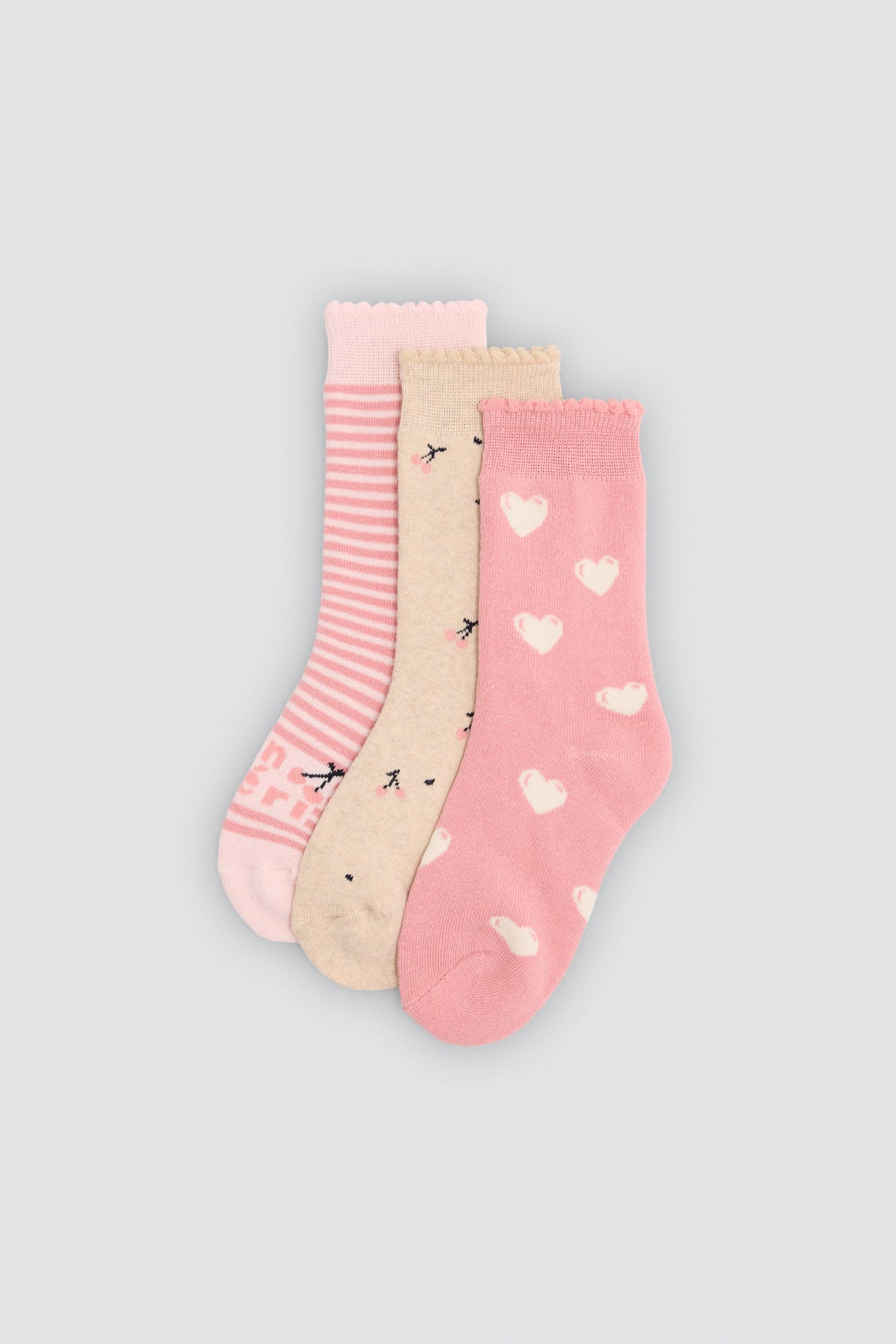 Pack 3 calcetines niña térmicos algodón estampados cerezas y corazones