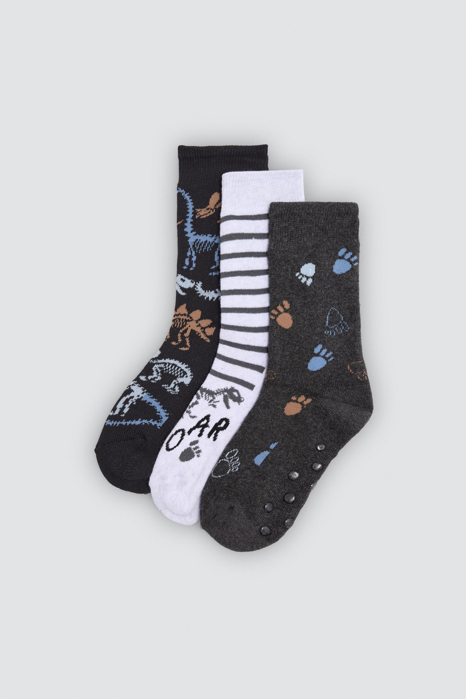 Pack 3 calcetines niño térmicos antideslizantes estampado dinosaurios y huellas