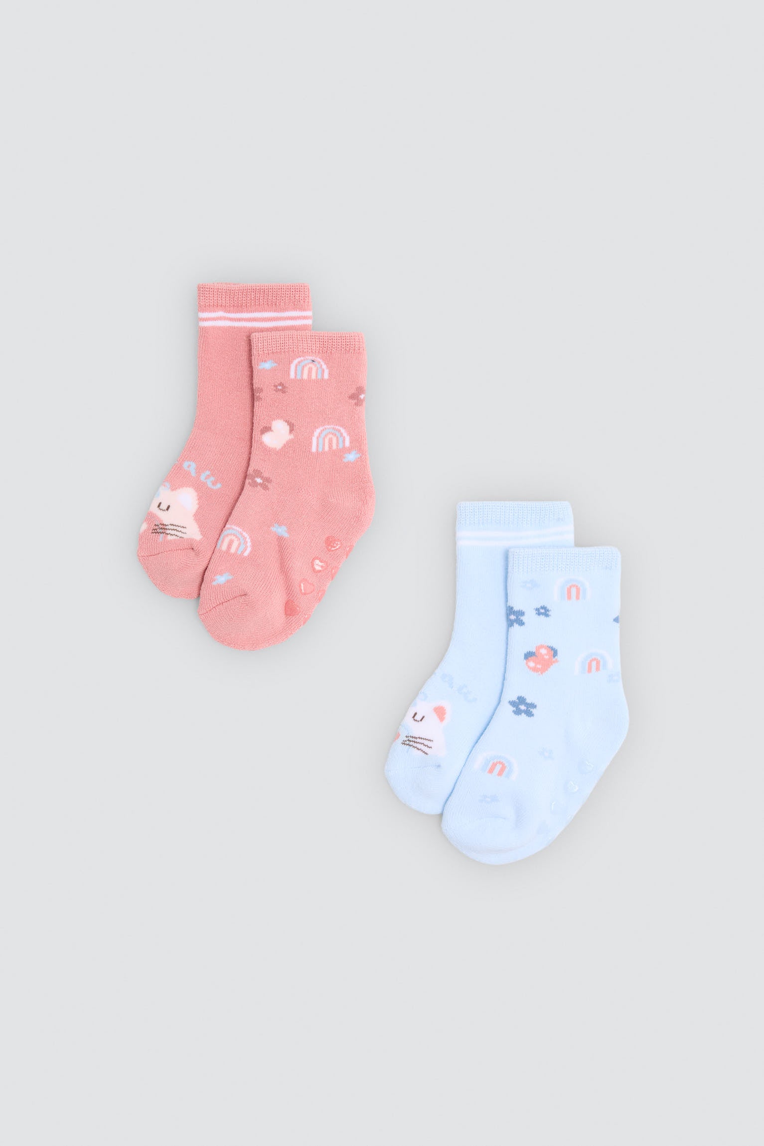 Pack 2 calcetines bebé térmicos antideslizantes estampados gatos y arcoiris