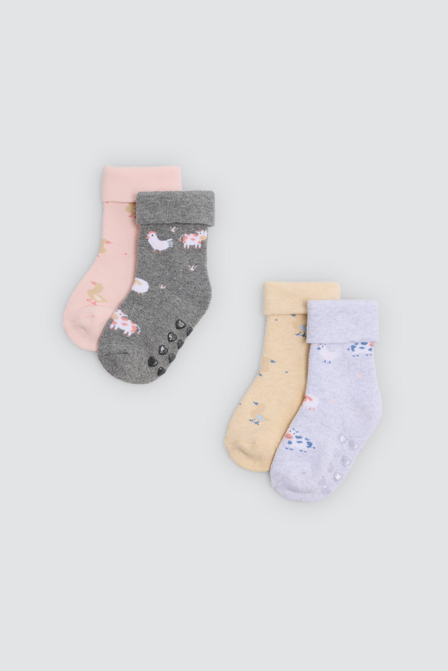 Pack 4 calcetines bebé térmicos antideslizantes doble puño estampado vacas y patos