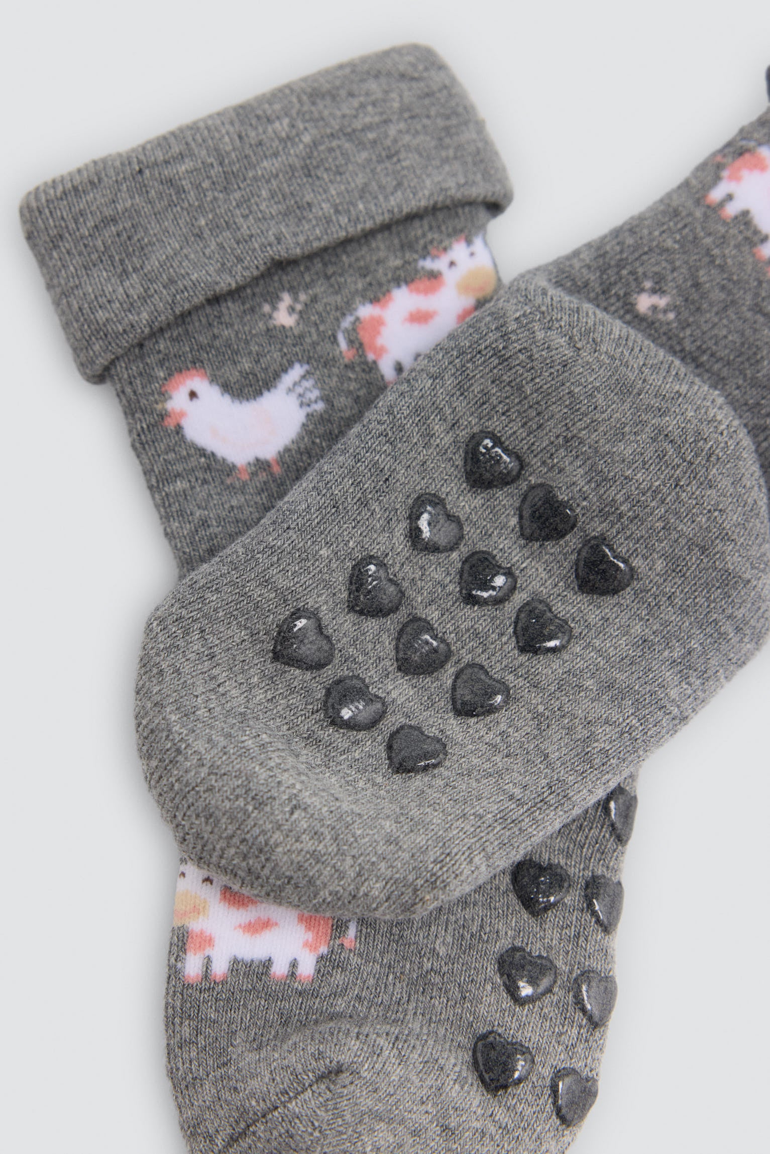Pack 4 calcetines bebé térmicos antideslizantes doble puño estampado vacas y patos