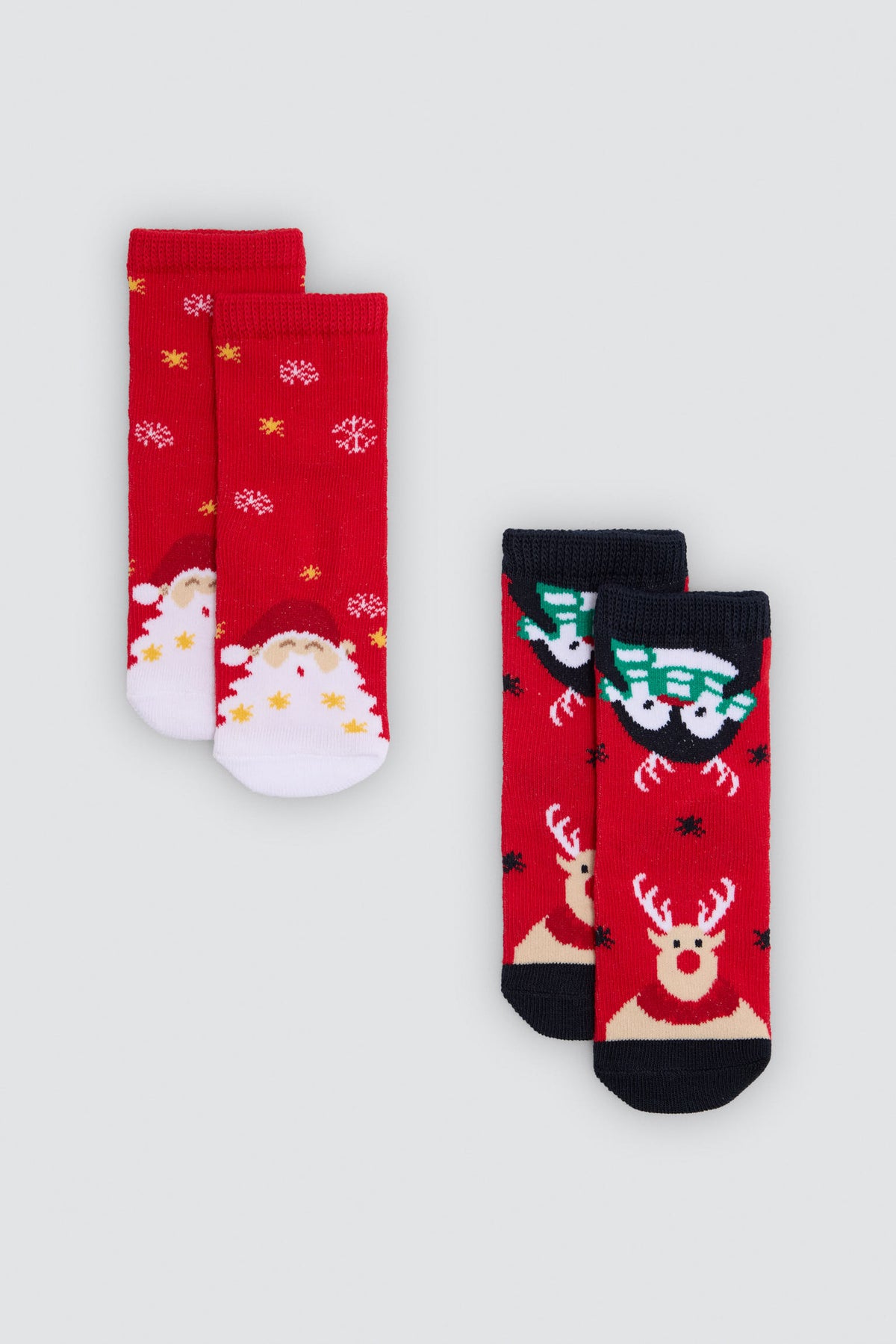 Pack 2 calcetines bebé algodón navidad estampado renos y papa noel