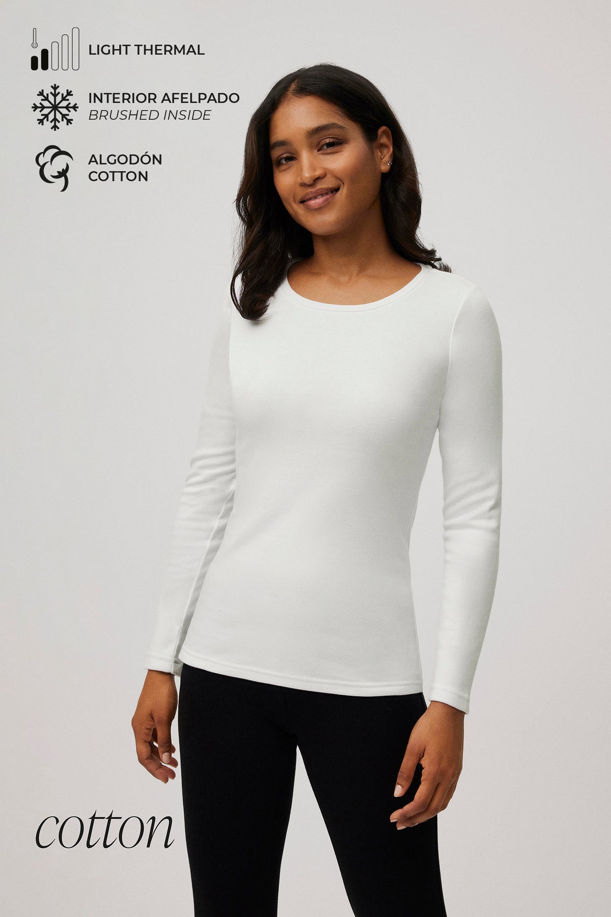 TÉRMICO LIGERO Camiseta aldogón manga larga cuello redondo blanco