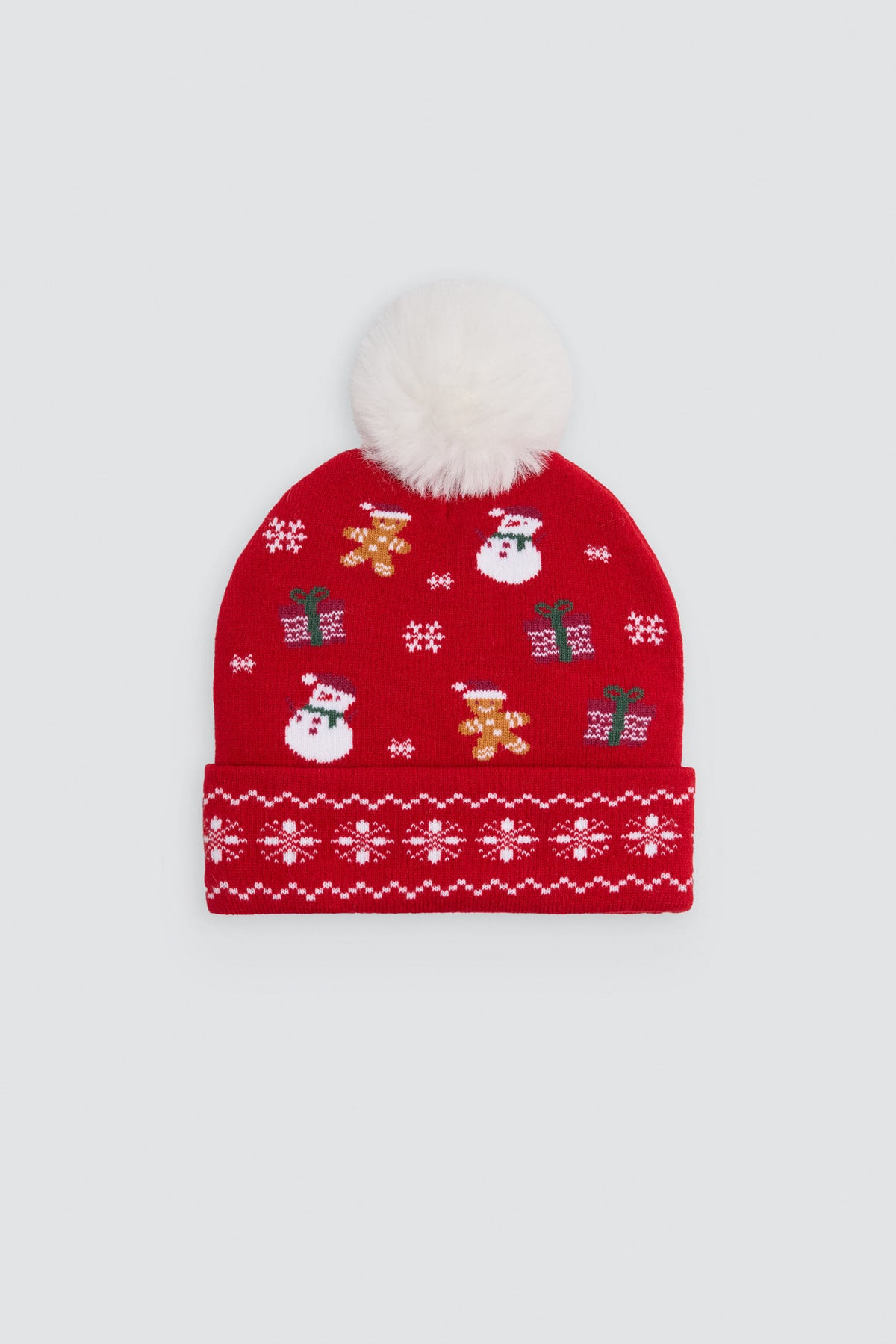 Gorro unisex detalle pompón navidad estampado galletas de jengibre y muñecos de nieve