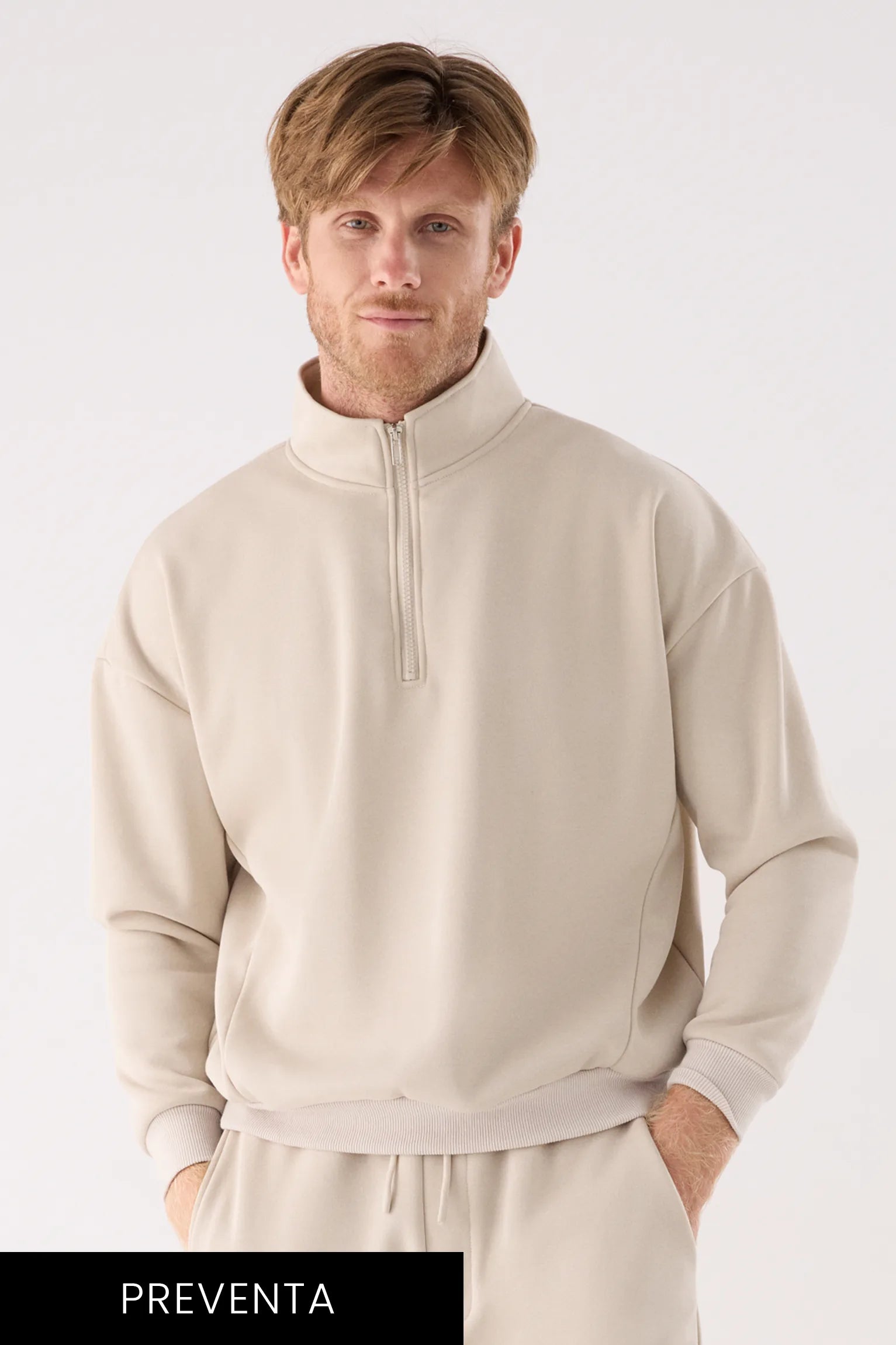 PREVENTA Sudadera deportiva hombre afelpada semi cremallera beige