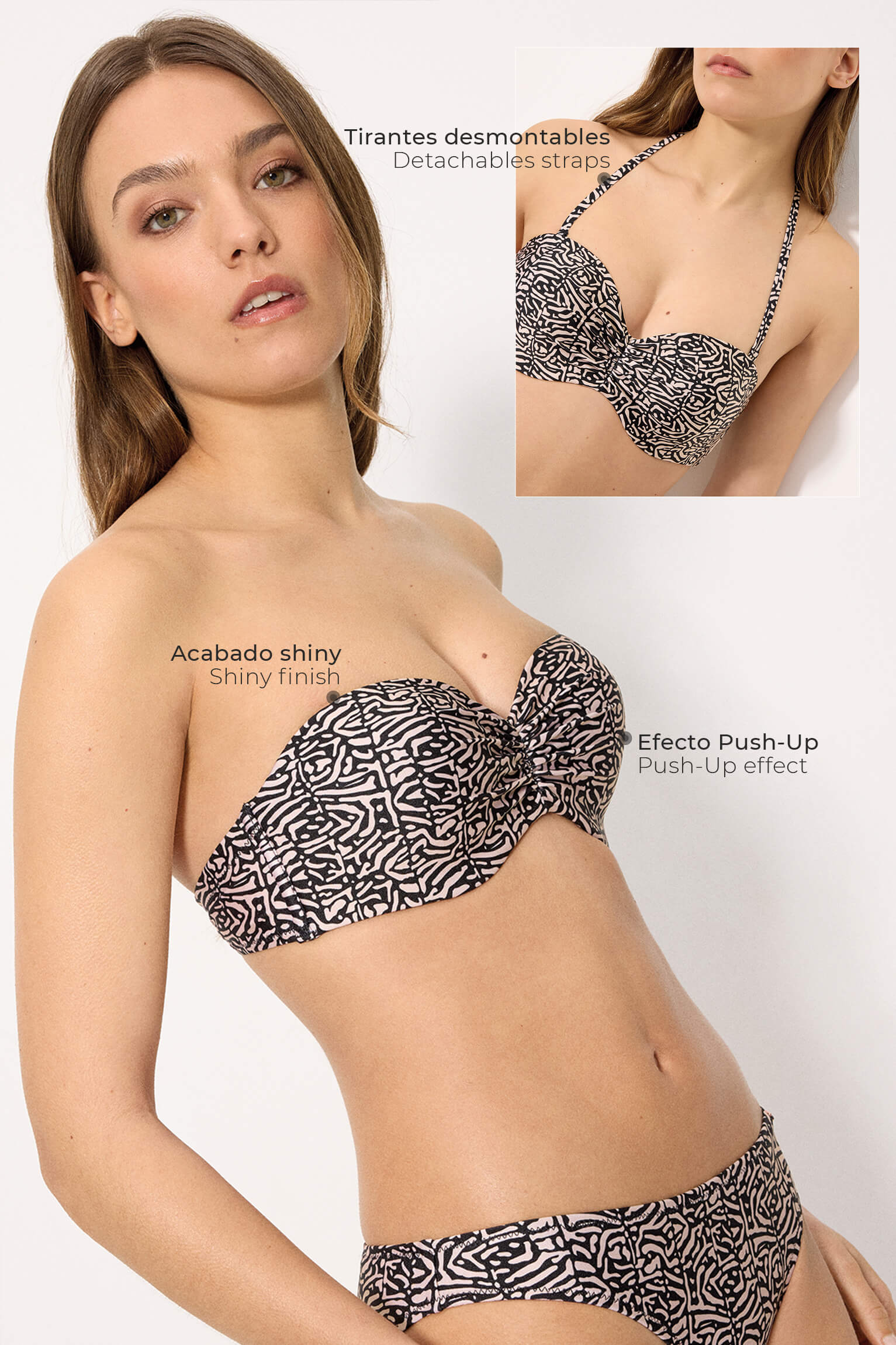 Top bikini bandeau push-up estampado con brillo copa B