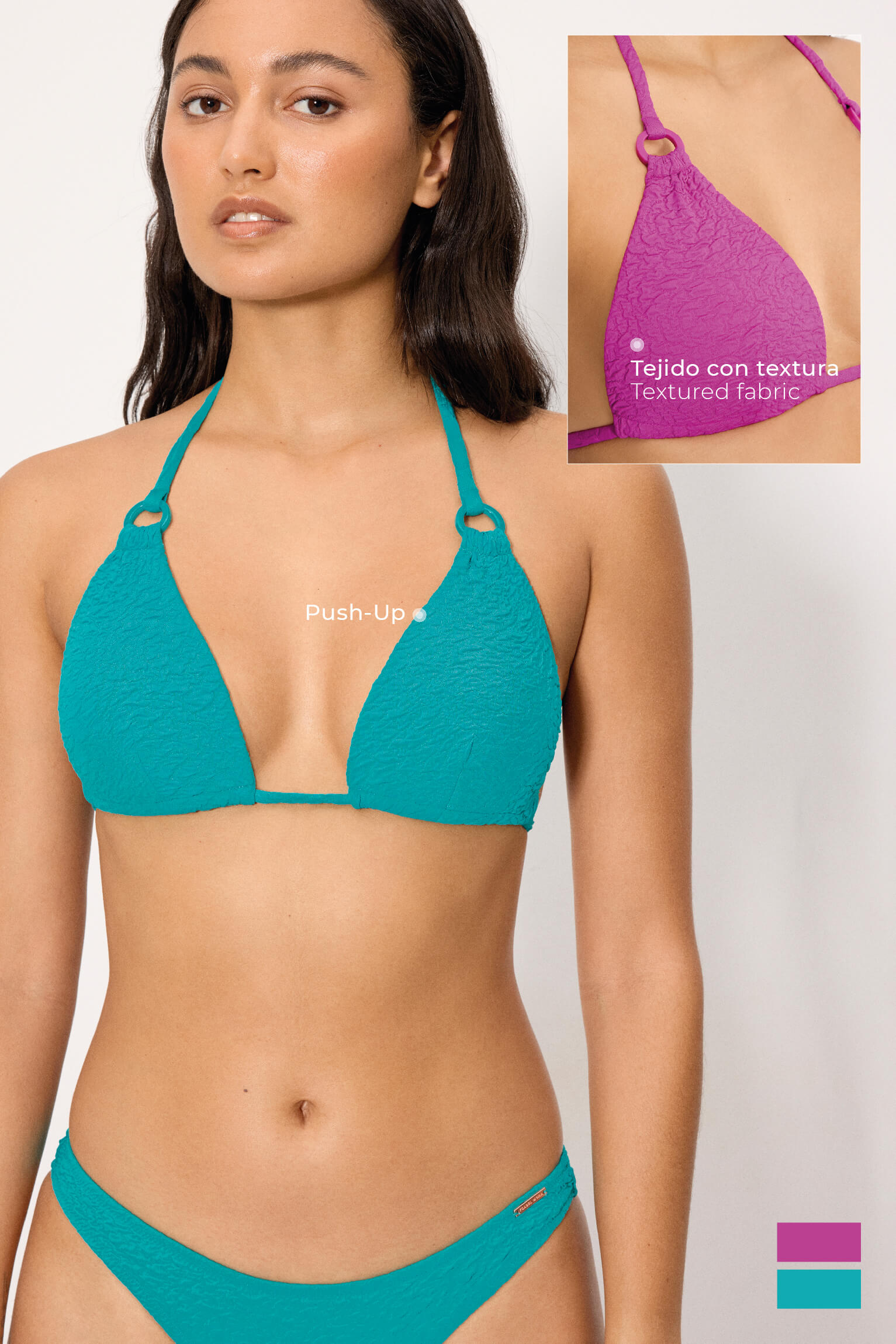 Top bikini triángulo push-up con textura lila copa B