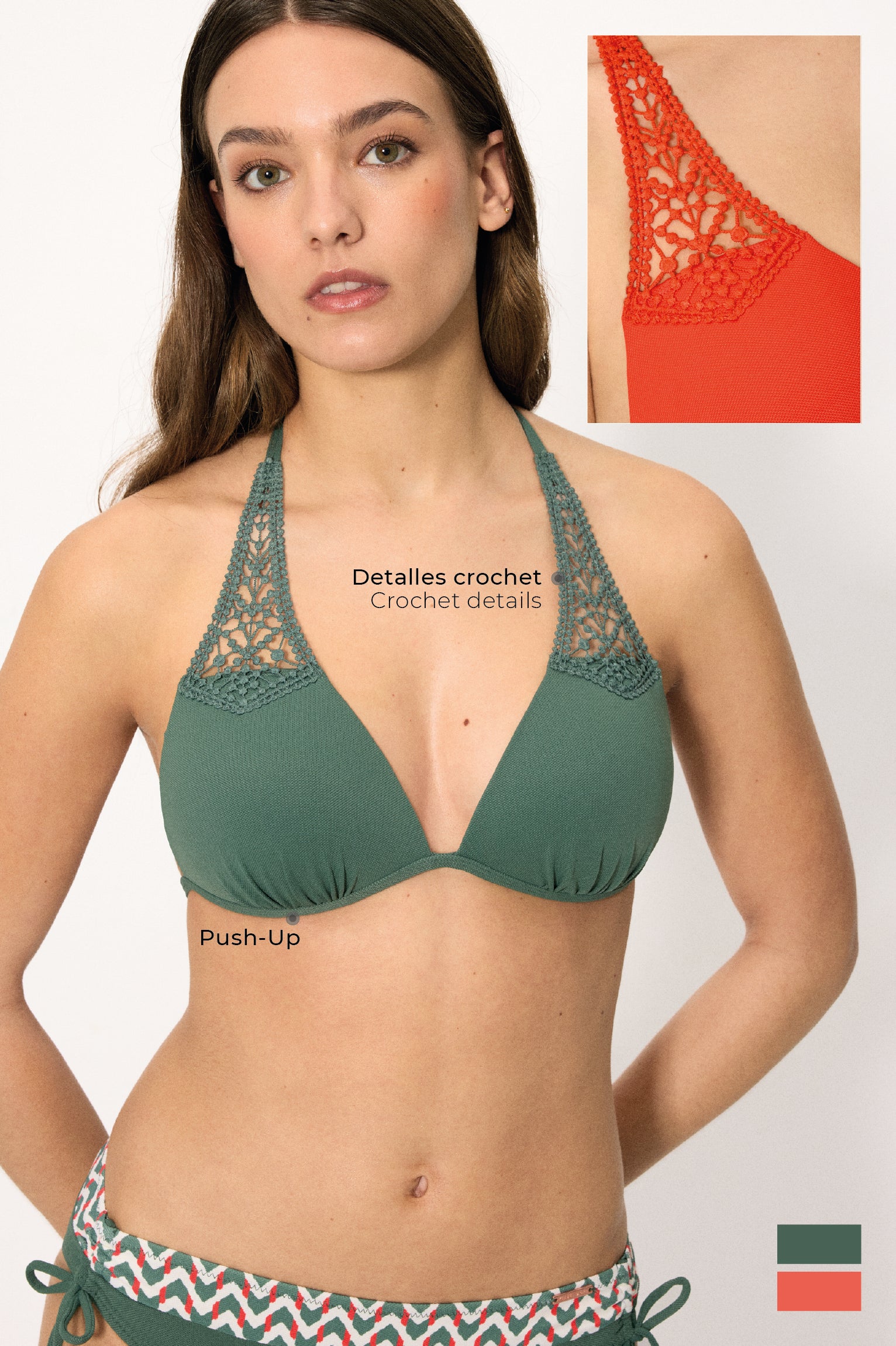 Top bikini triángulo push-up micropiqué verde botella copa B