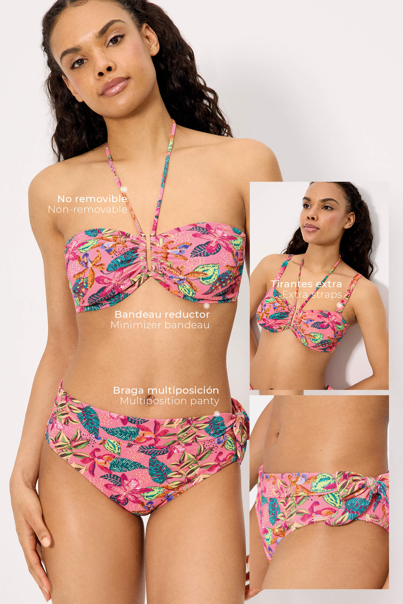 Conjunto de bikini top reductor y braga multiposición piqué estampado tropical copa C - Ysabel Mora