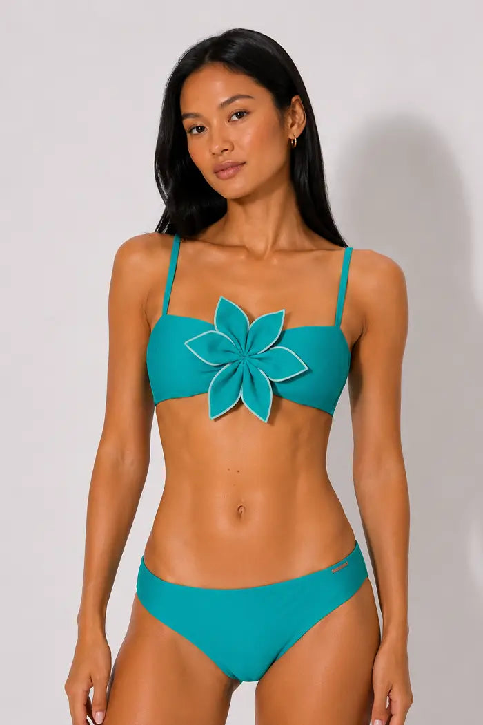 Top bikini bandeau flor central azul turquesa