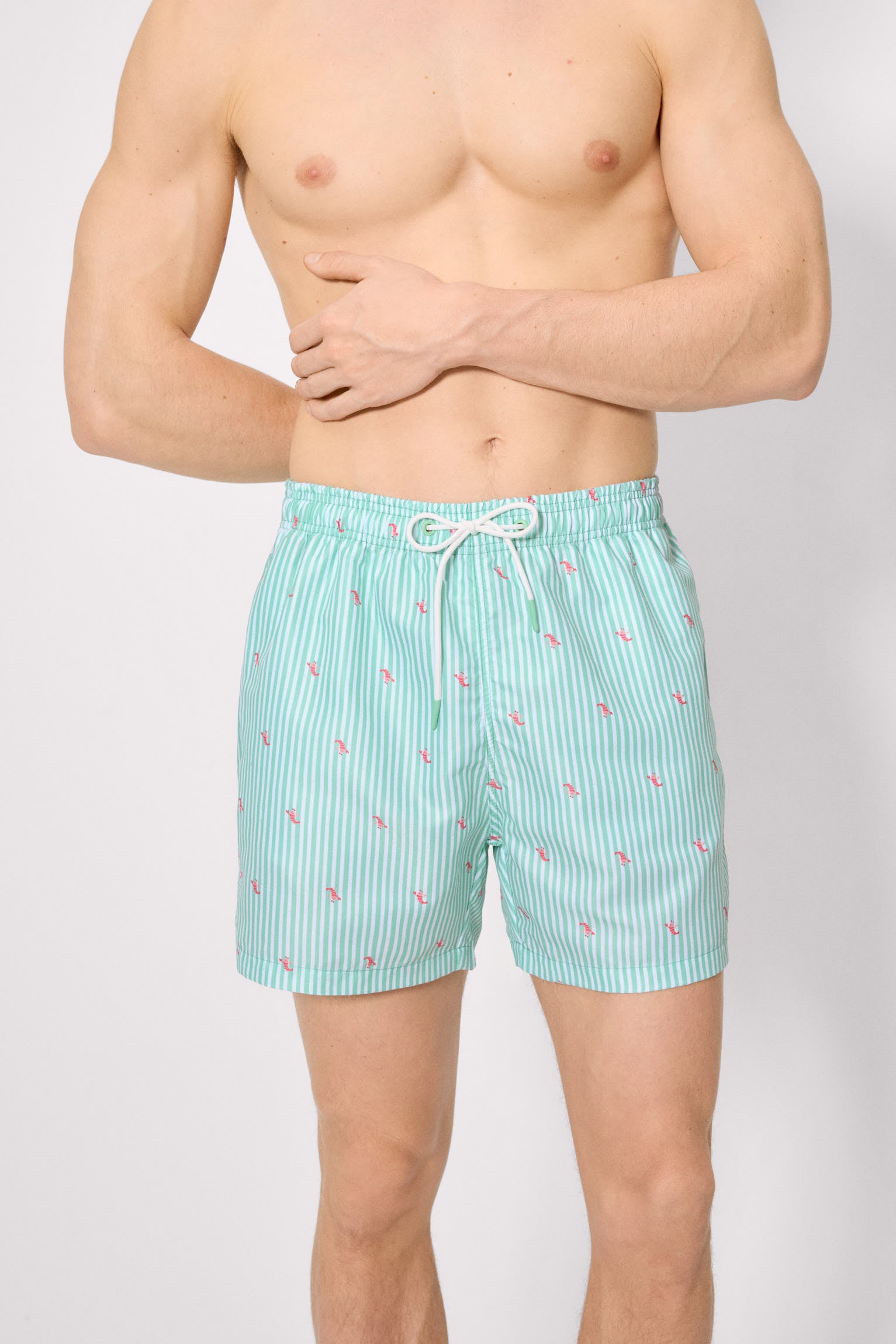 Bañador medio estampado rayas y mini langostas verde