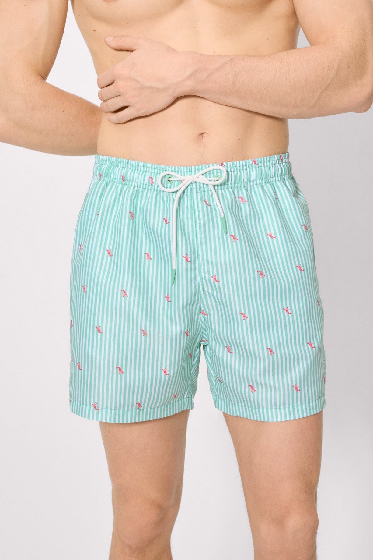 Bañador medio estampado rayas y mini langostas verde