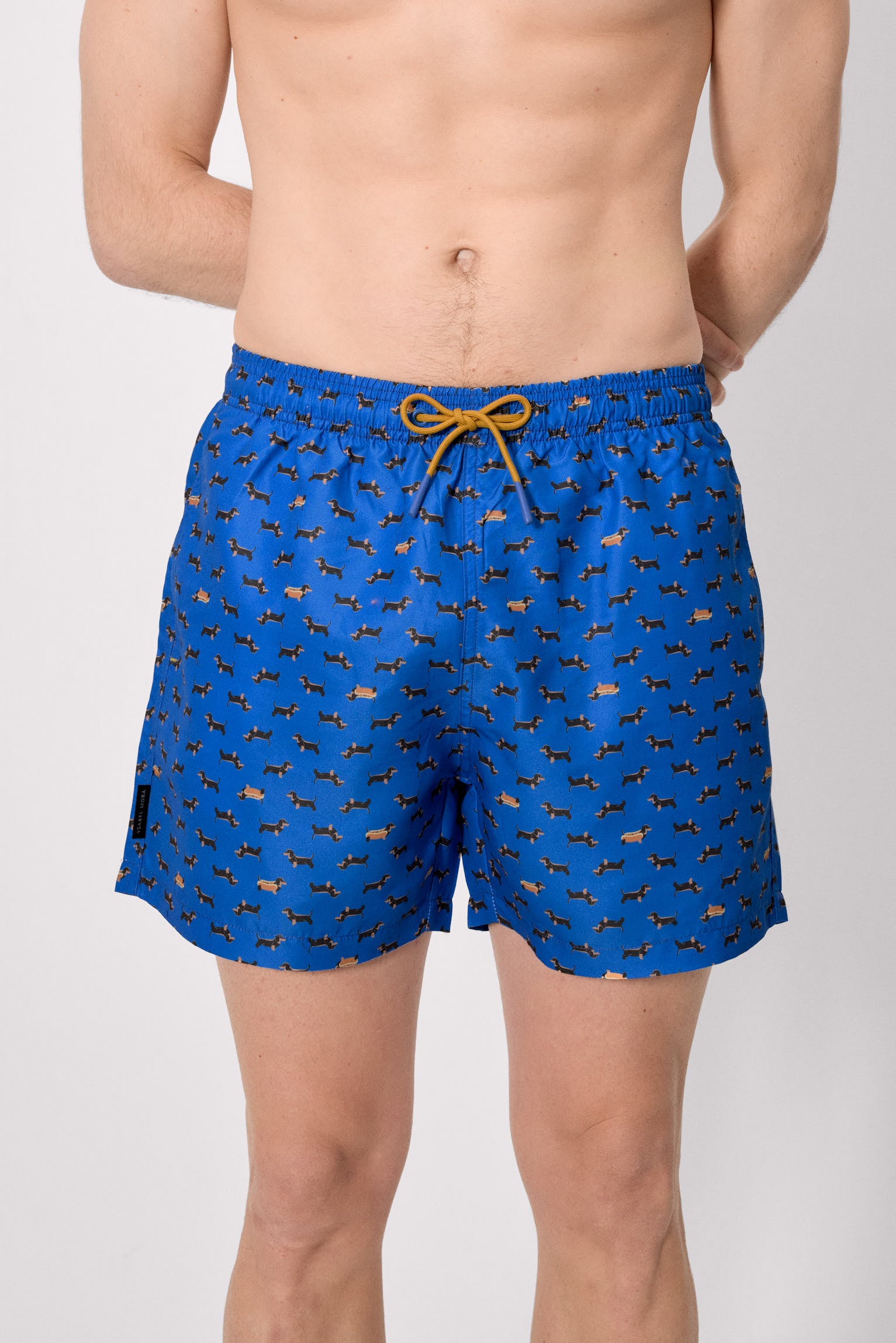 Bañador medio estampado perros salchichas azul