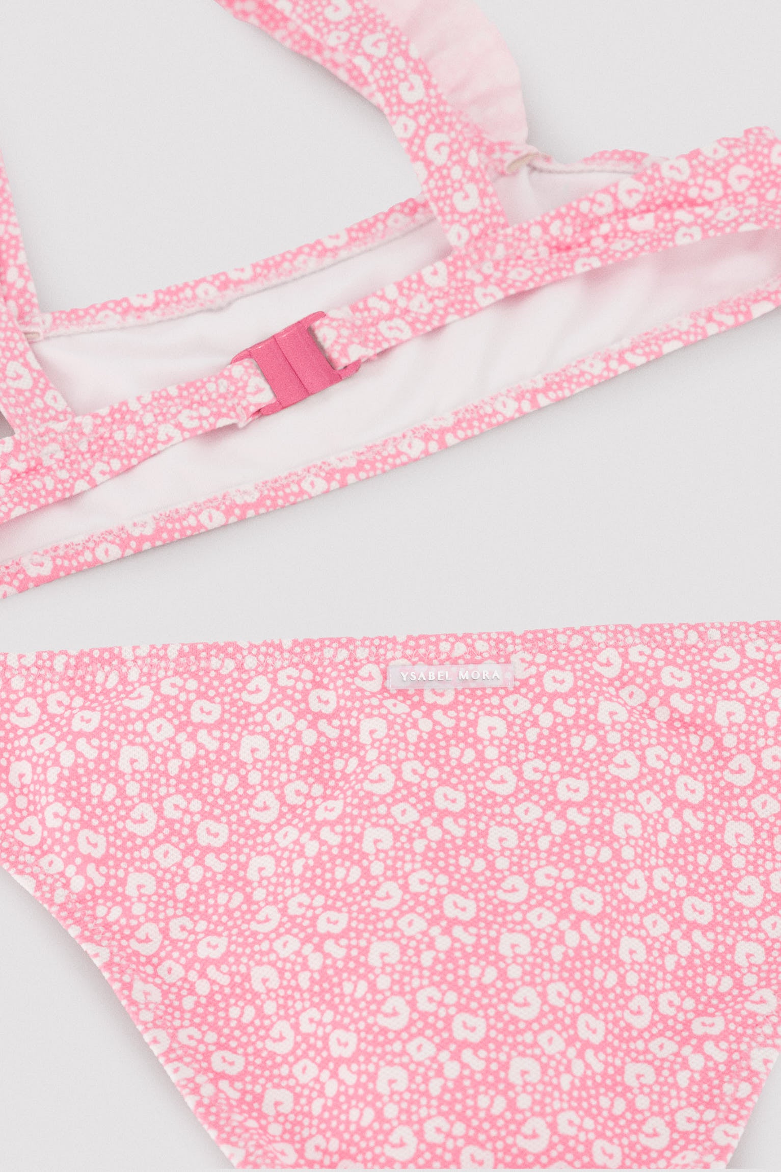 Conjunto bikini niña detalles volantes estampado leopardo rosa - Ysabel Mora