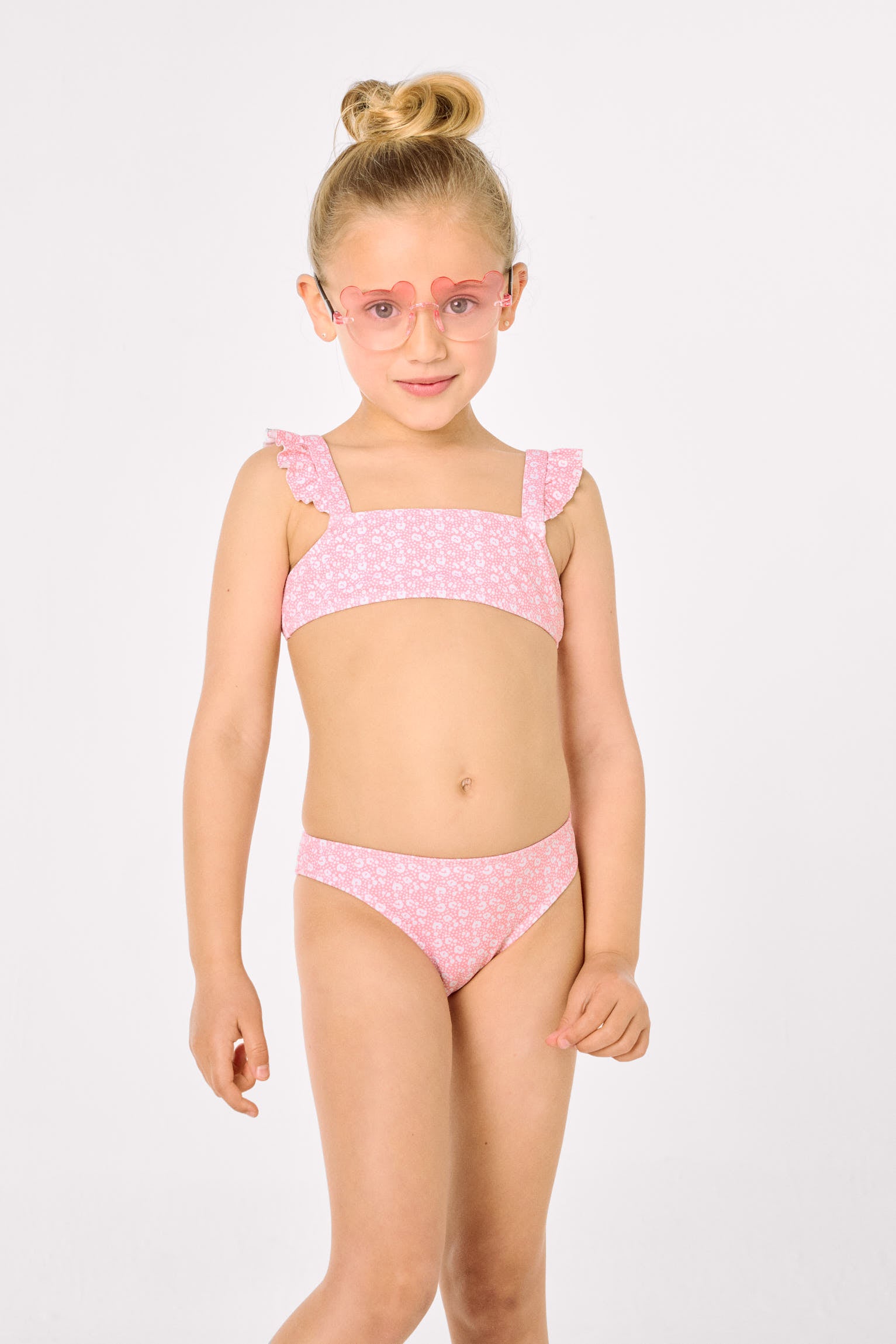 Conjunto bikini niña detalles volantes estampado leopardo rosa