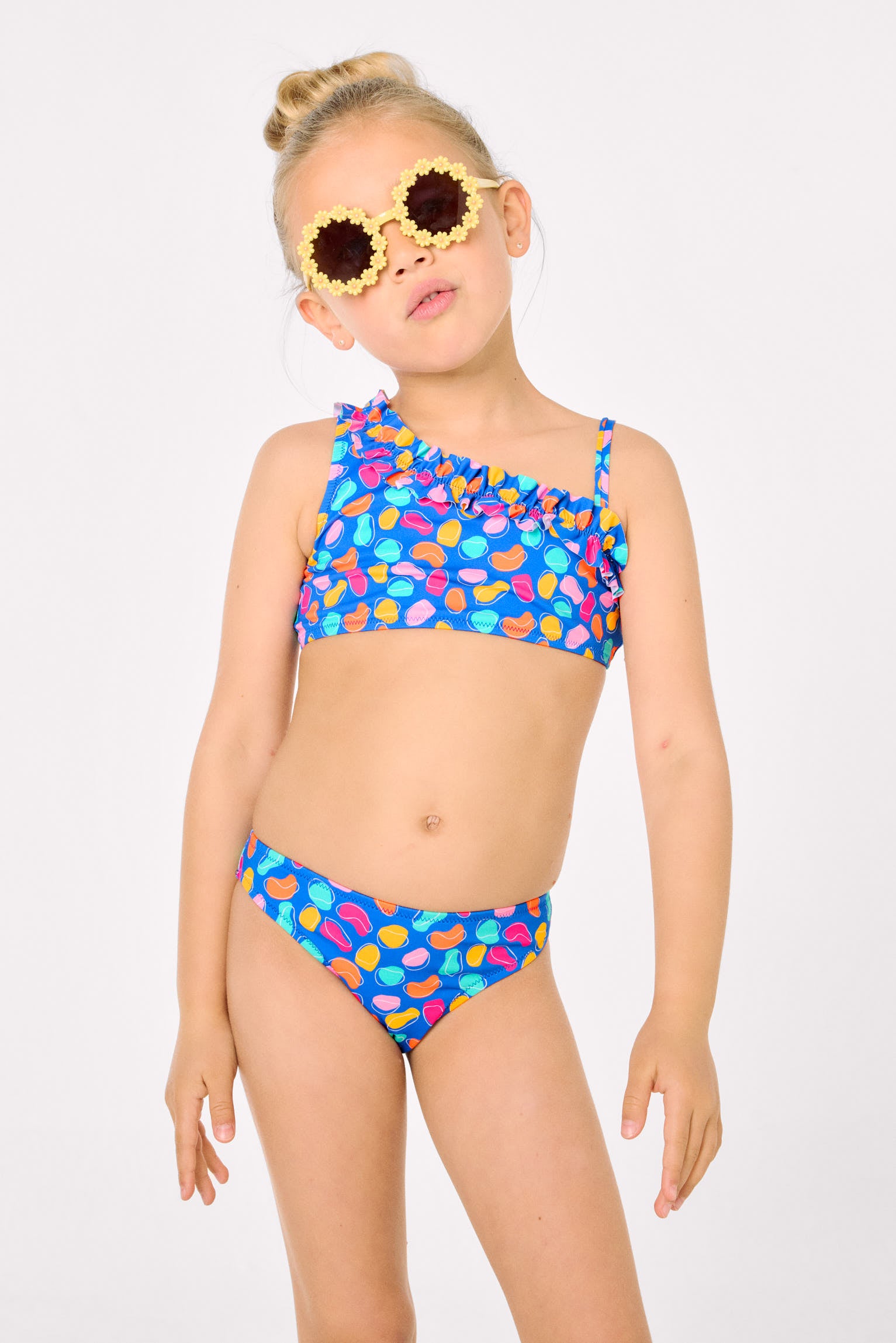 Bikini niña detalle fruncido estampado formas orgánicas multicolor