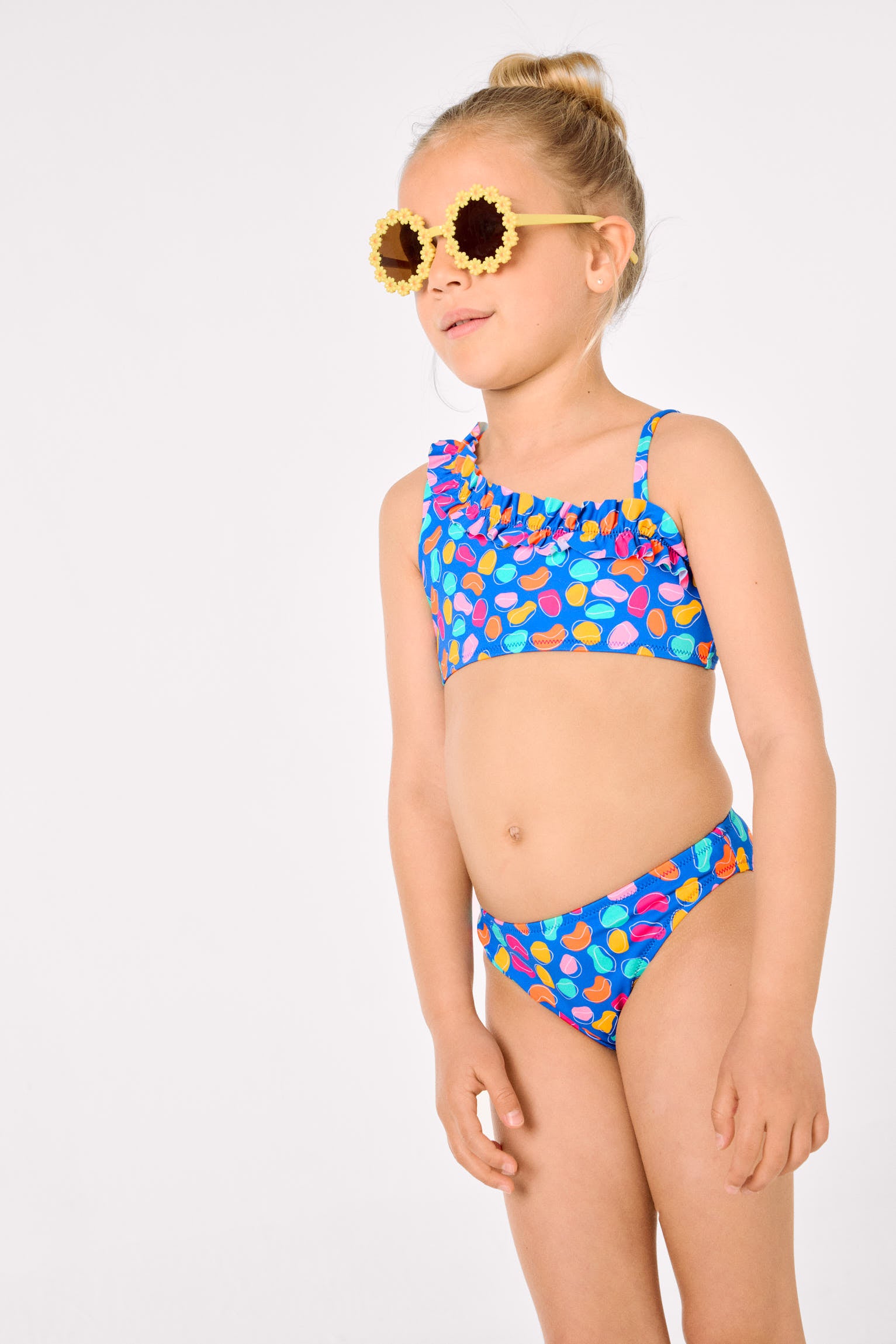 Bikini niña detalle fruncido estampado formas orgánicas multicolor