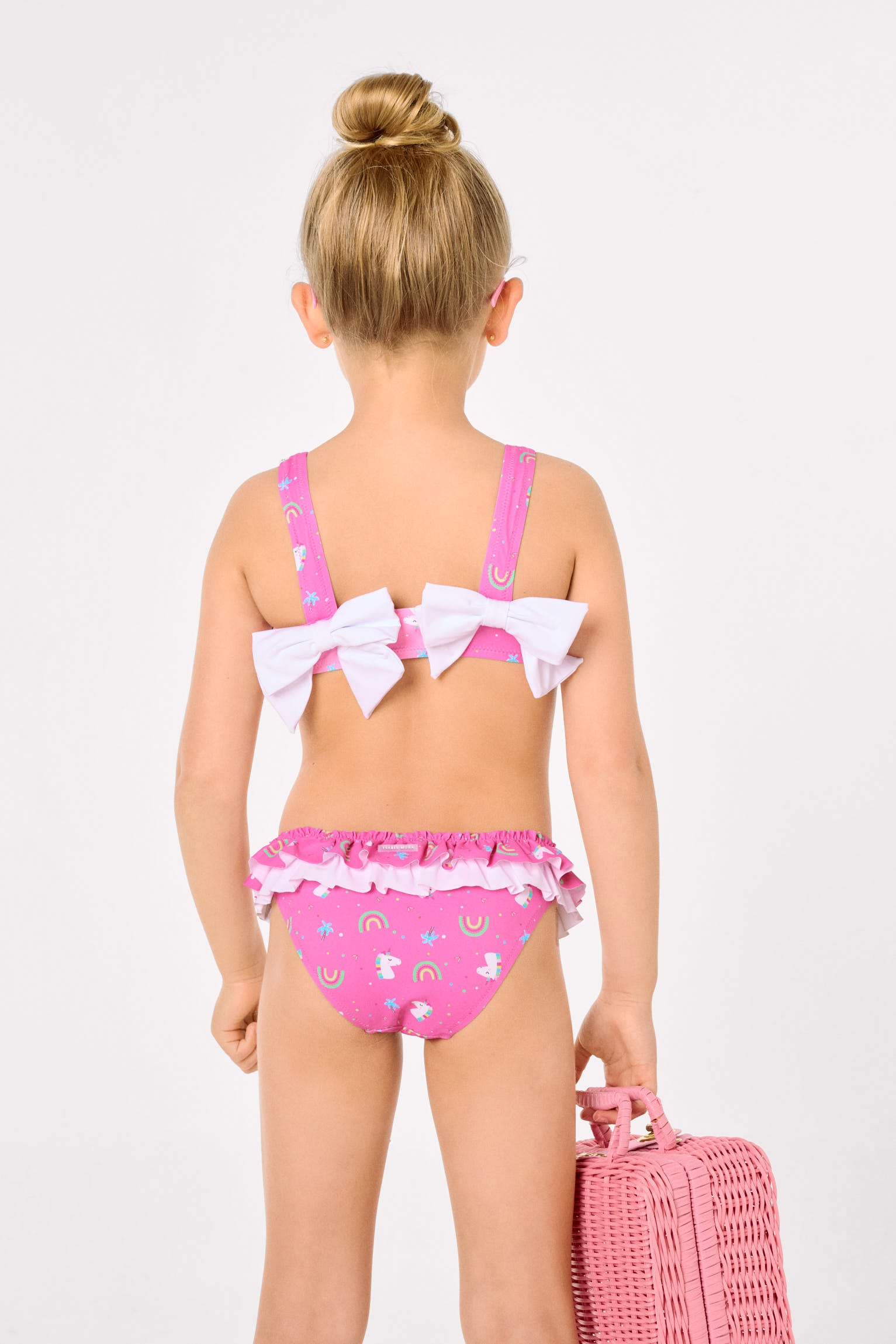 Bikini niña detalle volantes y lazos estampado unicornios