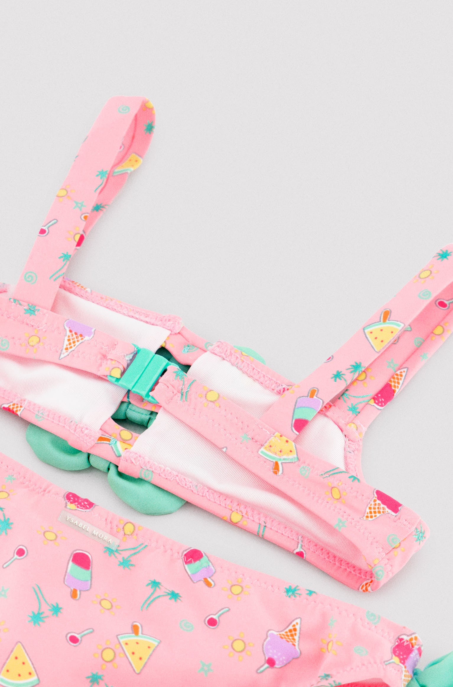 Bikini niña detalles lazos estampado veraniego helados