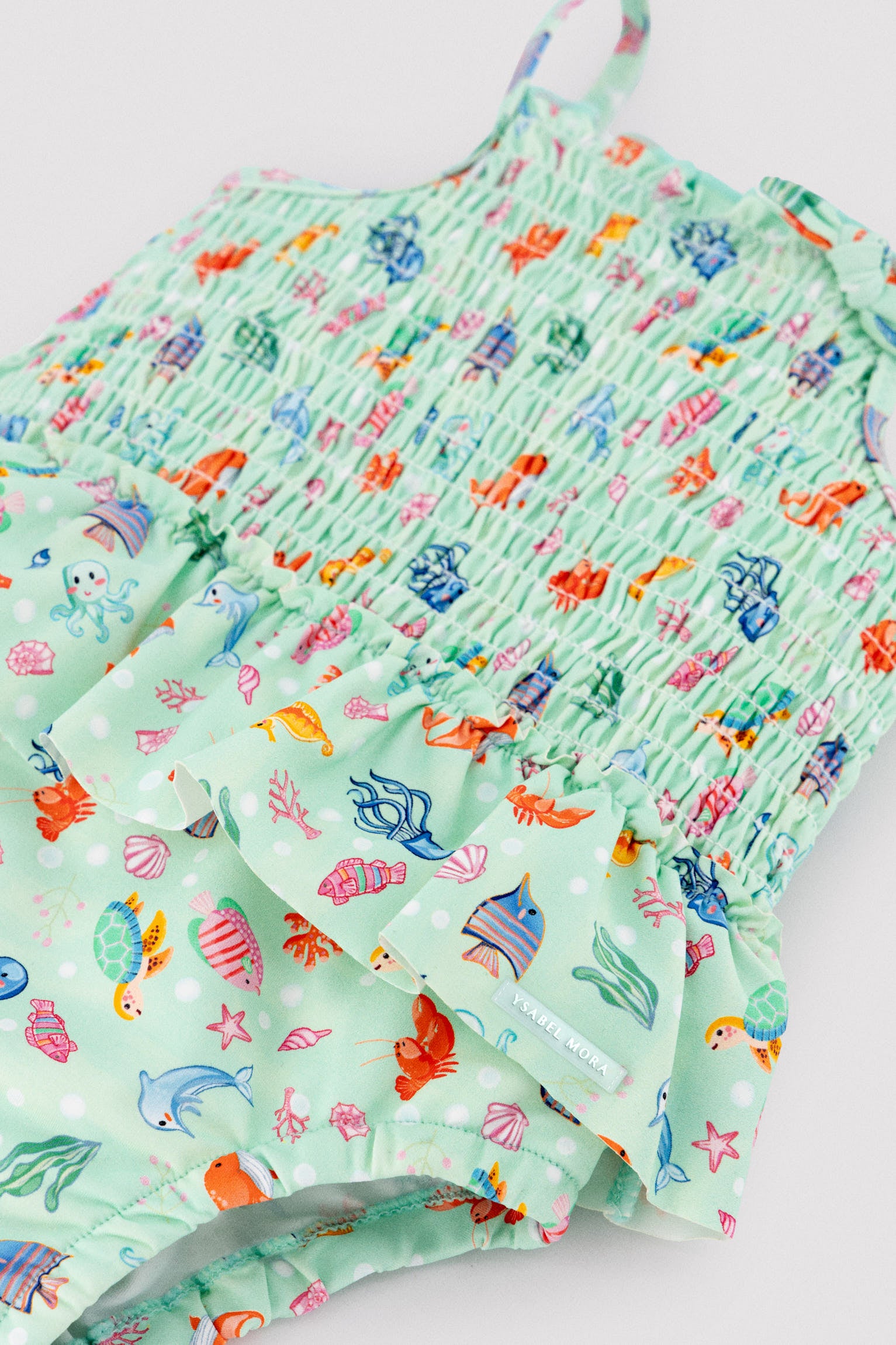 Bañador bebé niña detalle volante y nido de abeja estampado fauna marina - Ysabel Mora