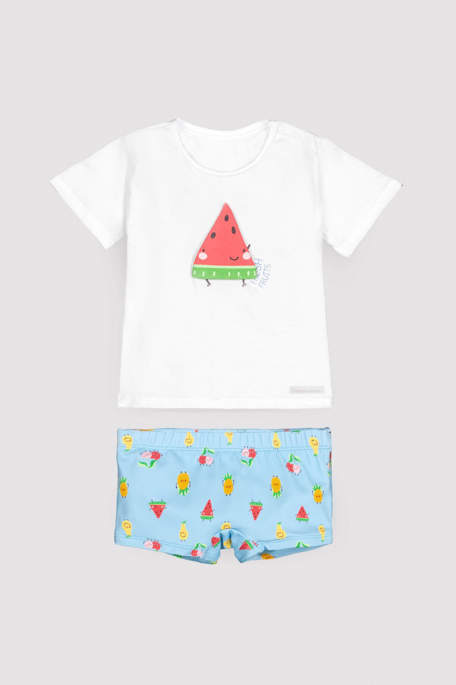Conjunto camiseta y bañador bóxer bebé esstampado frutas