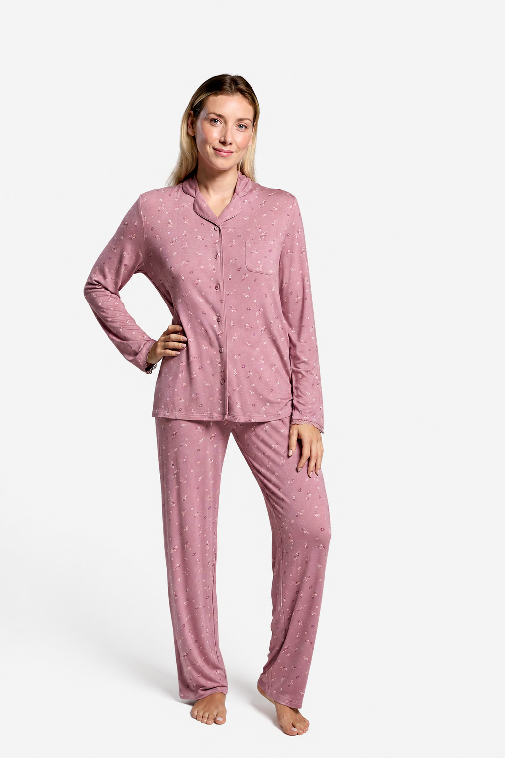 Pijama largo ligero mujer camisero pequeñas flores rosa