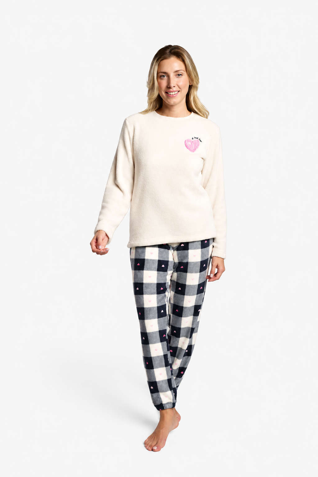 Pijama largo polar coralina mujer cuadros blanco y negro