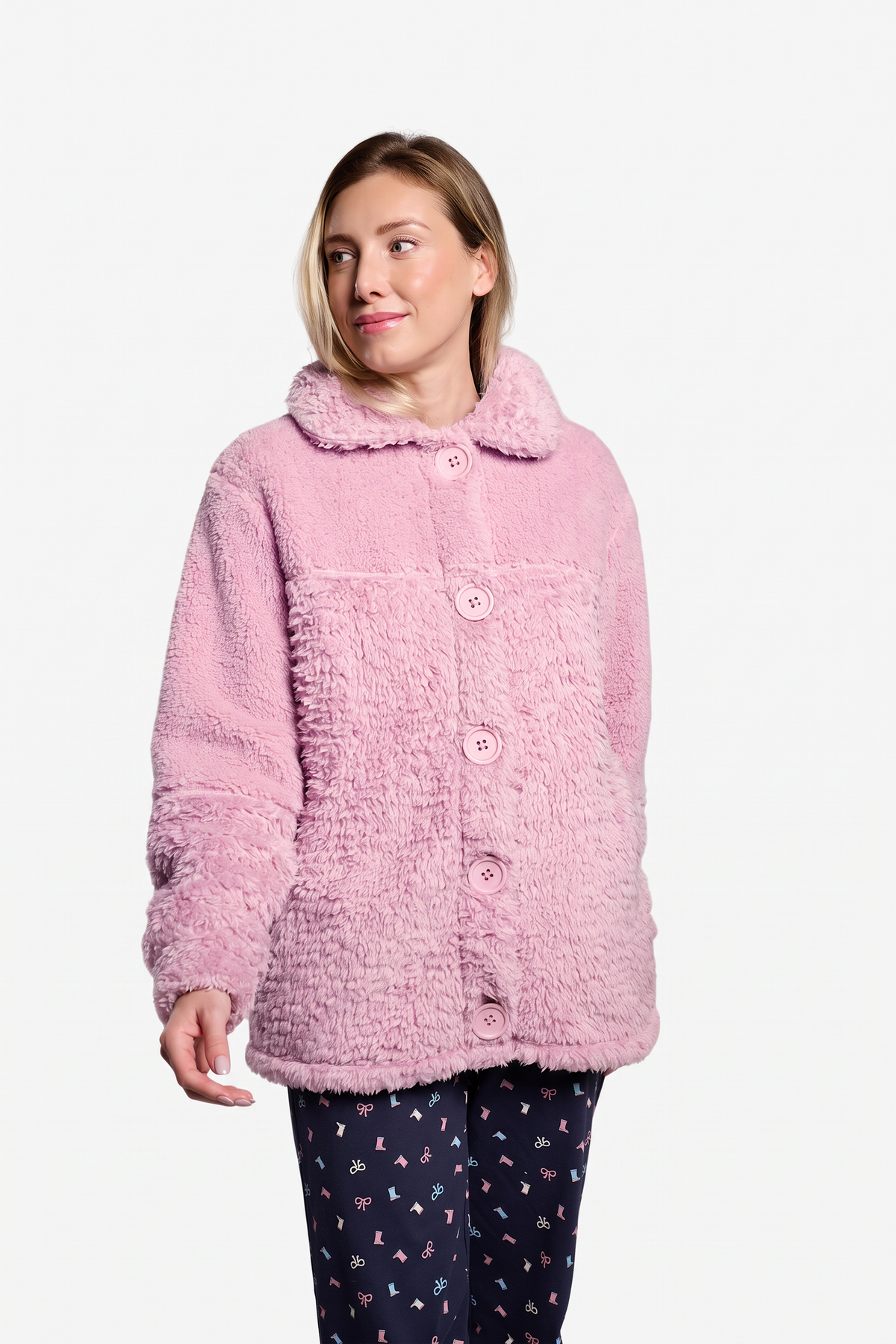 Bata corta polar borreguito mujer rosa con botones