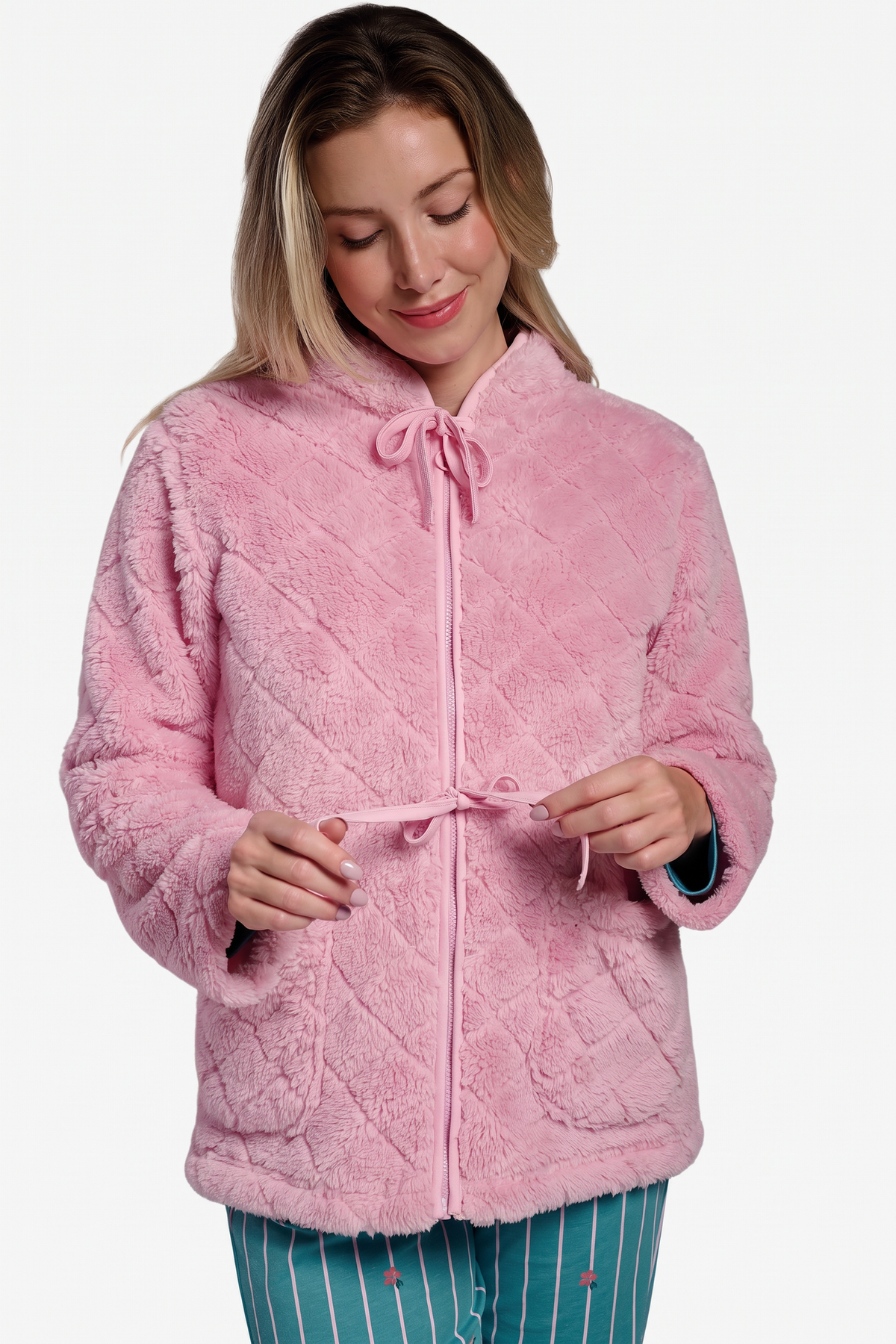 Bata corta polar borreguito mujer rosa detalles lazos