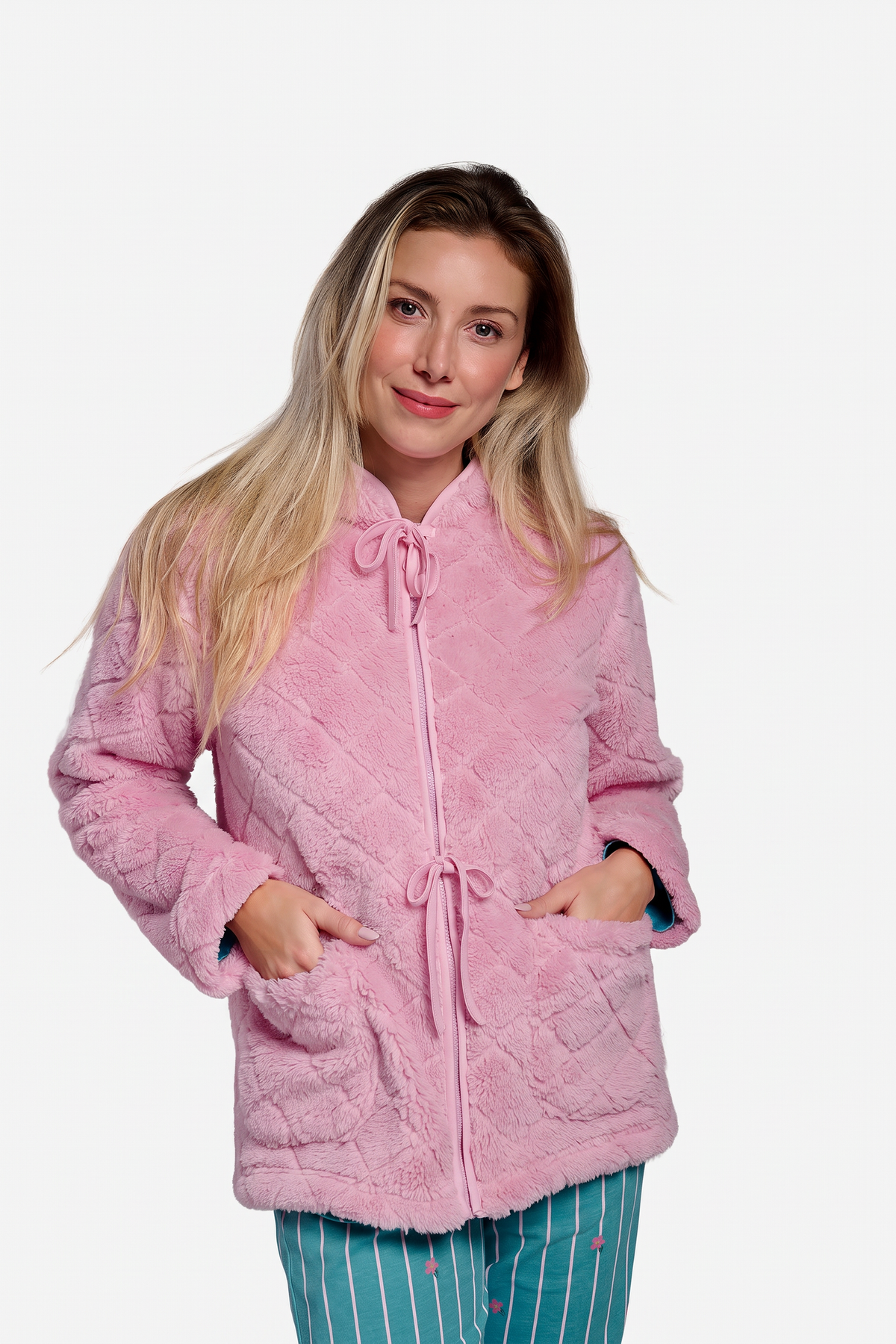 Bata corta polar borreguito mujer rosa detalles lazos