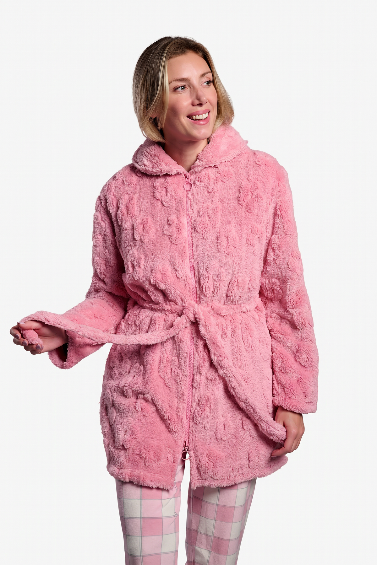 Bata corta polar coralina mujer rosa texturizada