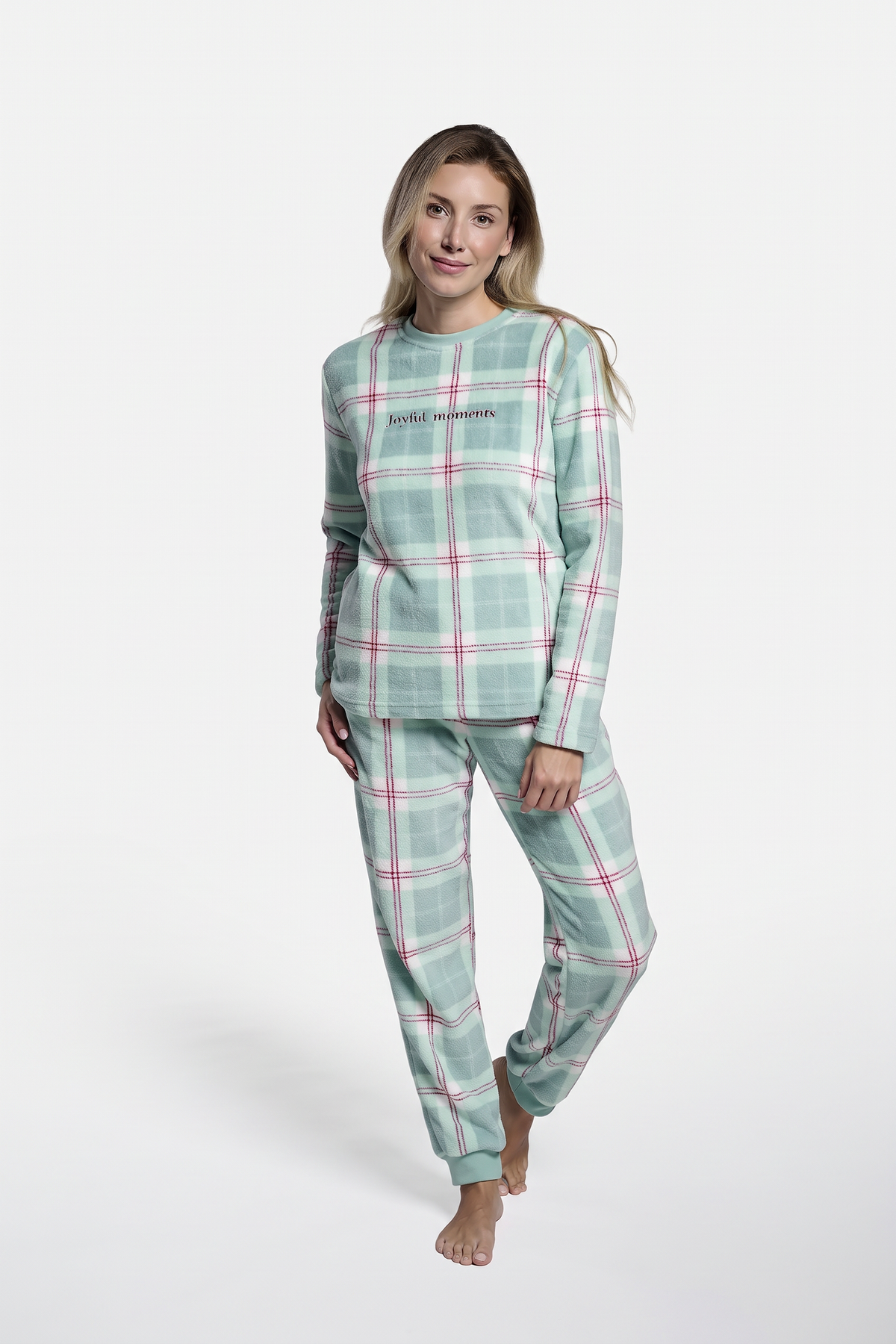 Pijama largo polar coralina mujer cuadros verde agua marina