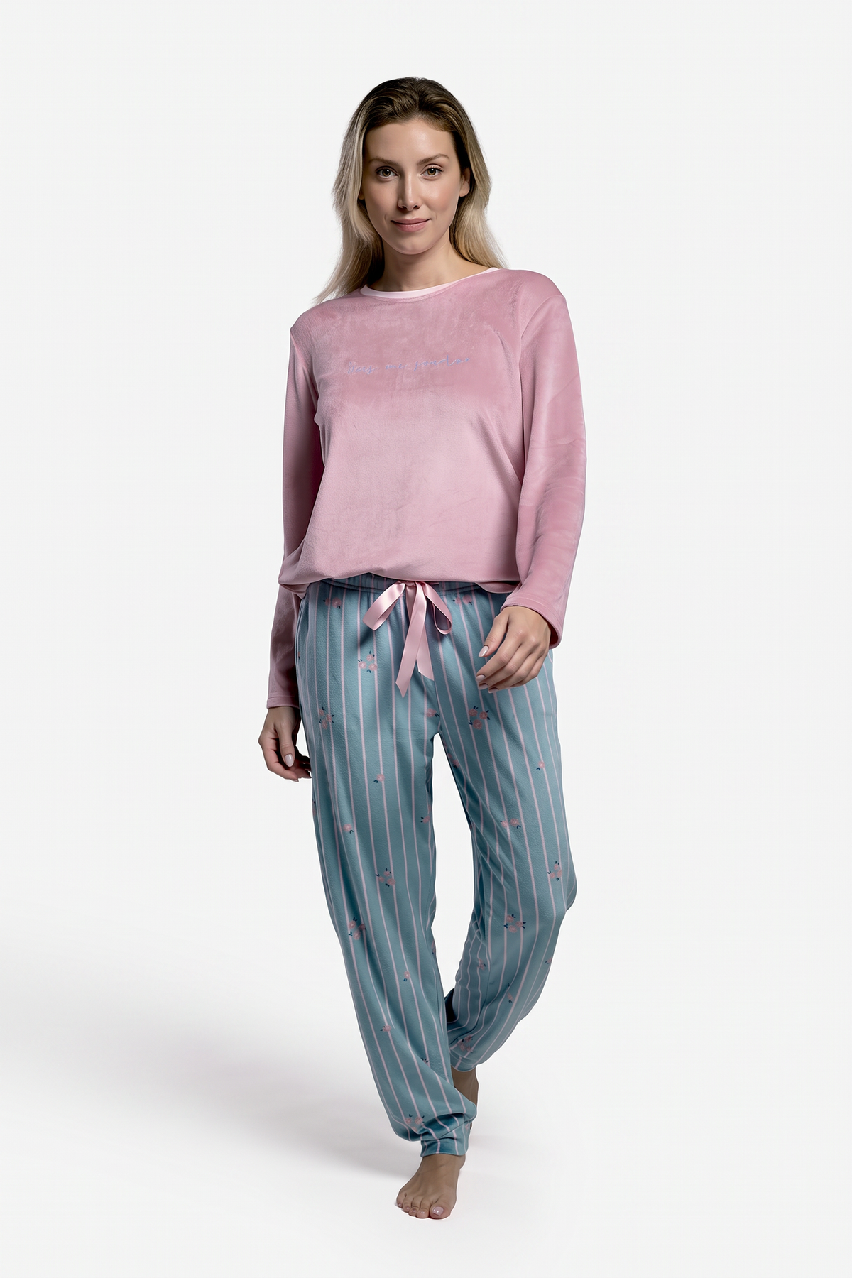 Pijama largo de terciopelo mujer camiseta rosa y pantalón estampado