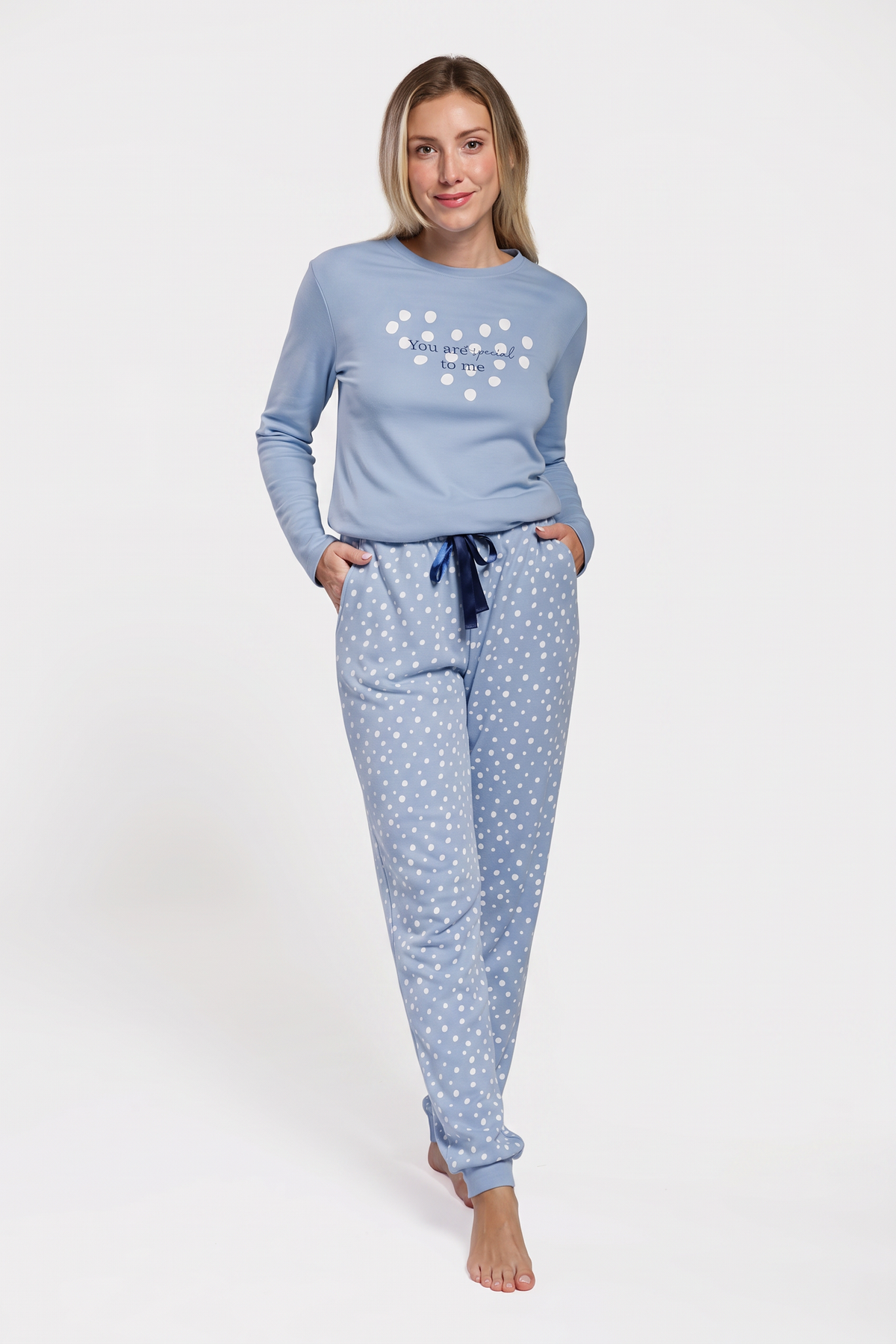 Pijama largo afelpado mujer estampado dots azul