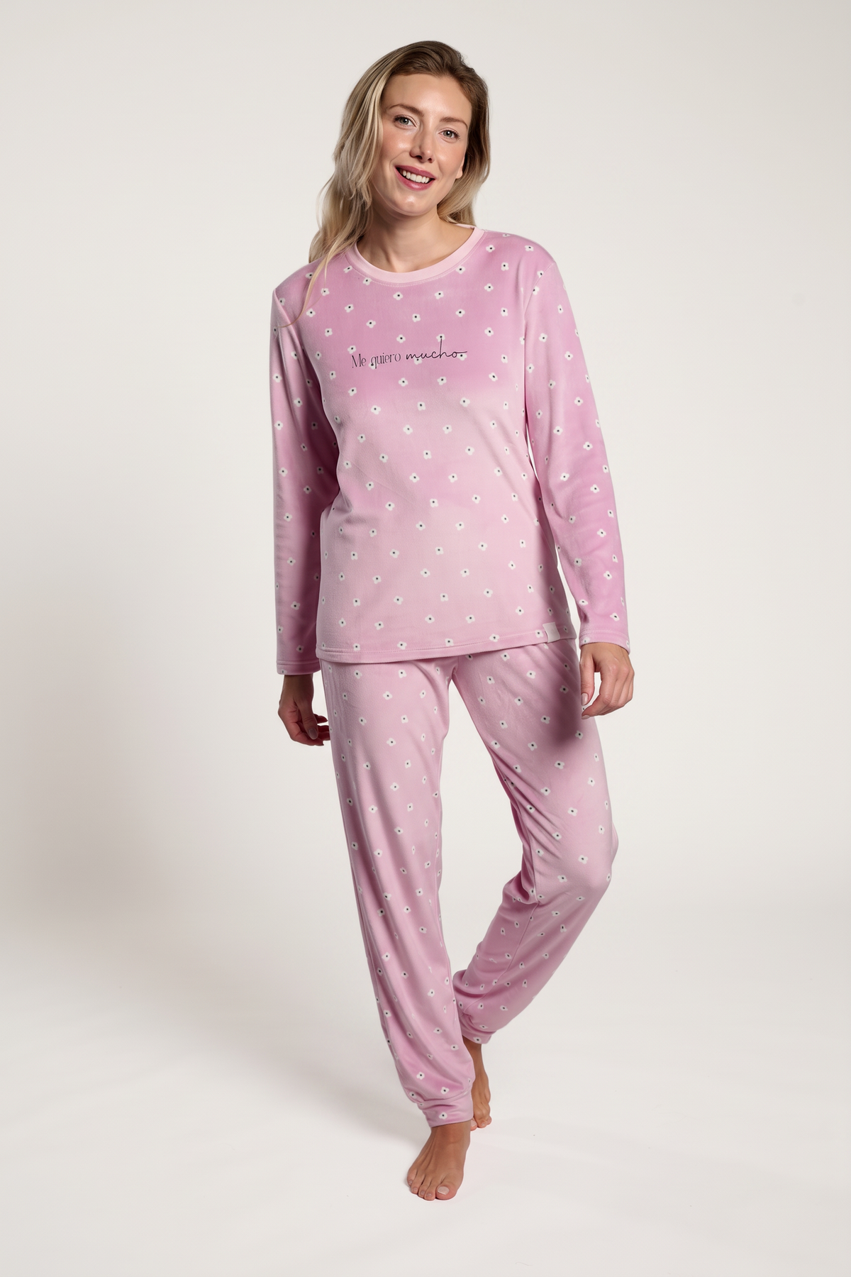 Pijama largo de terciopelo mujer rosa con estampado