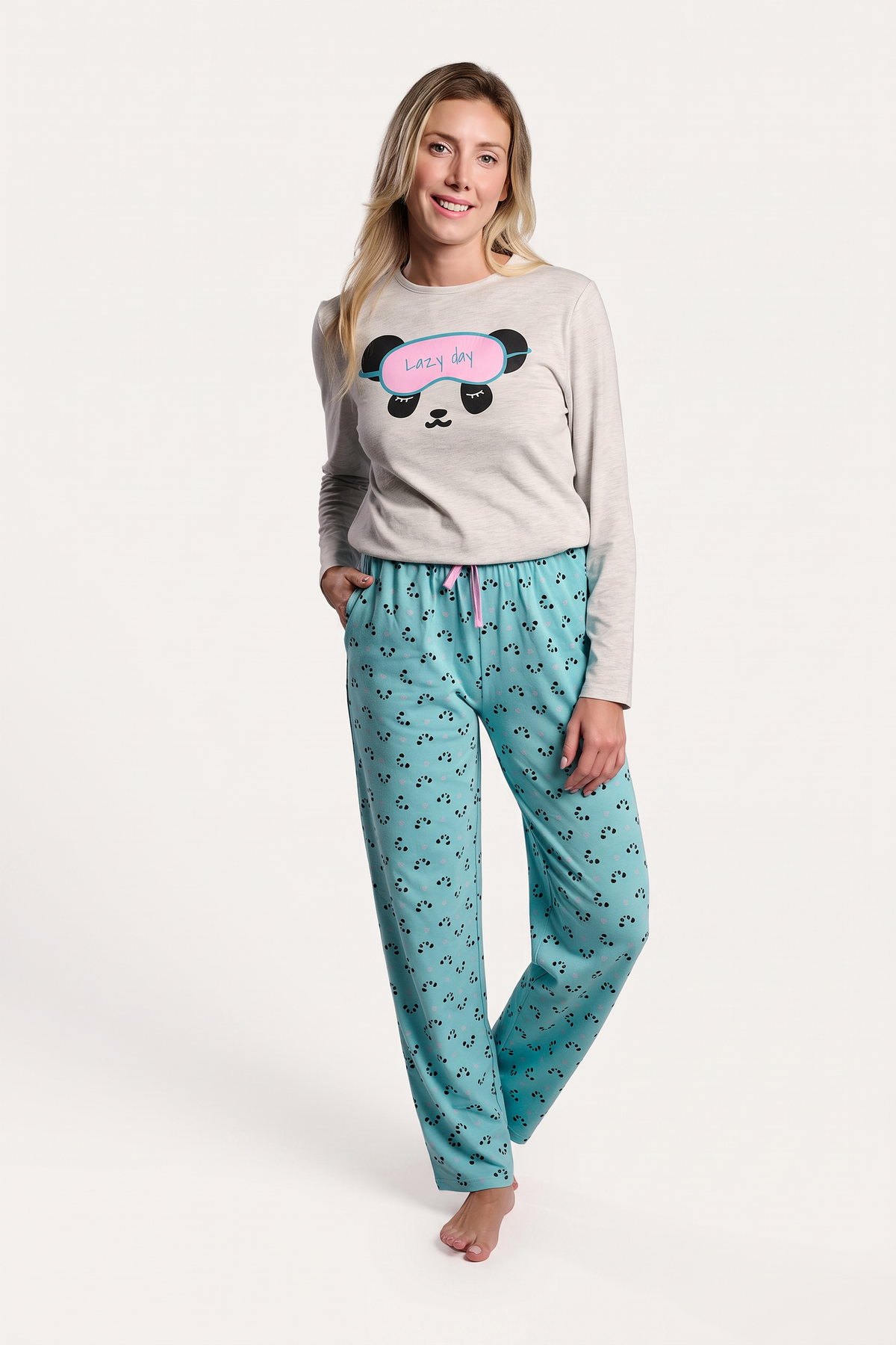 Pijama largo algodón mujer estampado pandas