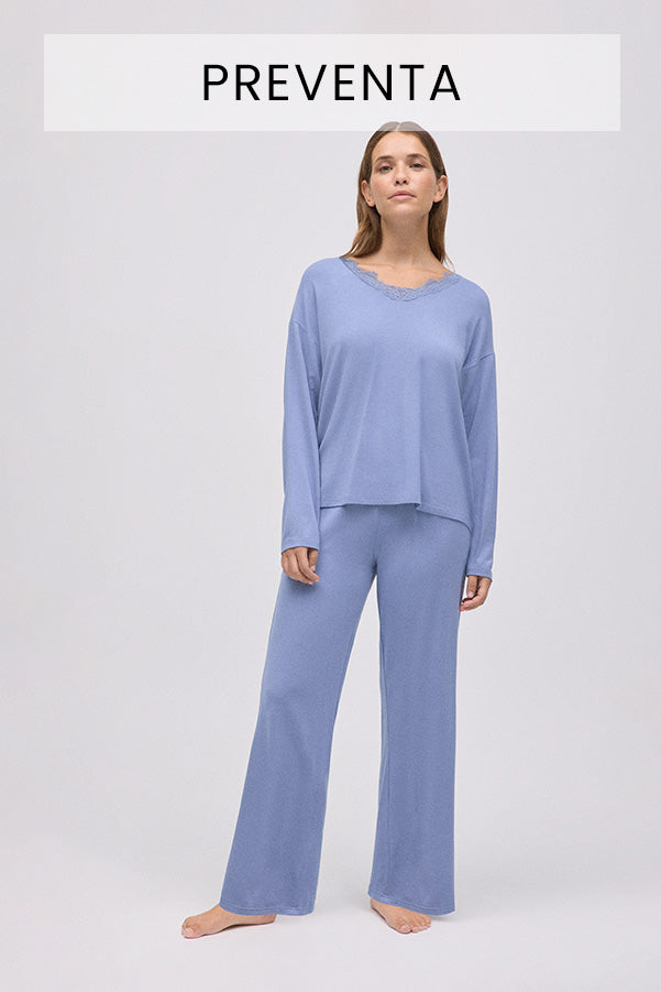 PREVENTA Pijama largo extra suave de modal pantalón ancho azul