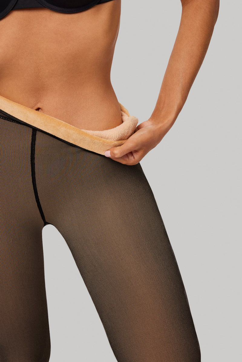 Thermal tights with sheer stocking effect